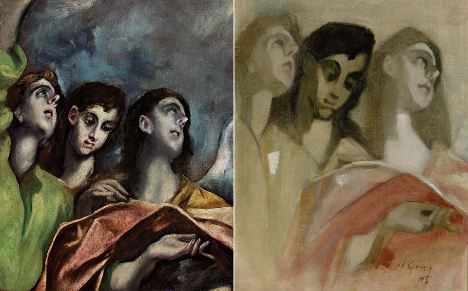 Links: El Greco, Engel (Fragment), um 1609–14<span class='xs-show'>;&nbsp;</span><br class='xs-hide' />Rechts: Helene Schjerfbeck, Engel (Fragment), 1928/29
