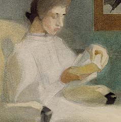 Both women have a posture that is similar to that of the man in the portrait on the wall. Thus the motif is again taken up from two different perspectives.