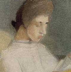 Both women are lost in thought in their reading. This lowered gaze occurs in many of Schjerfbeck’s portraits. The faces of her figures often have unnaturally light complexions and are mask-like. Thus the painterly aspect takes priority over realistic depiction.
