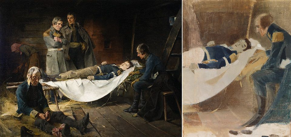 Links: Helene Schjerfbeck, Der Tod des Wilhelm von Schwerin, 1886<span class='xs-show'>;&nbsp;</span><br class='xs-hide' />Rechts: Helene Schjerfbeck, Der Tod des Wilhelm von Schwerin, 1927