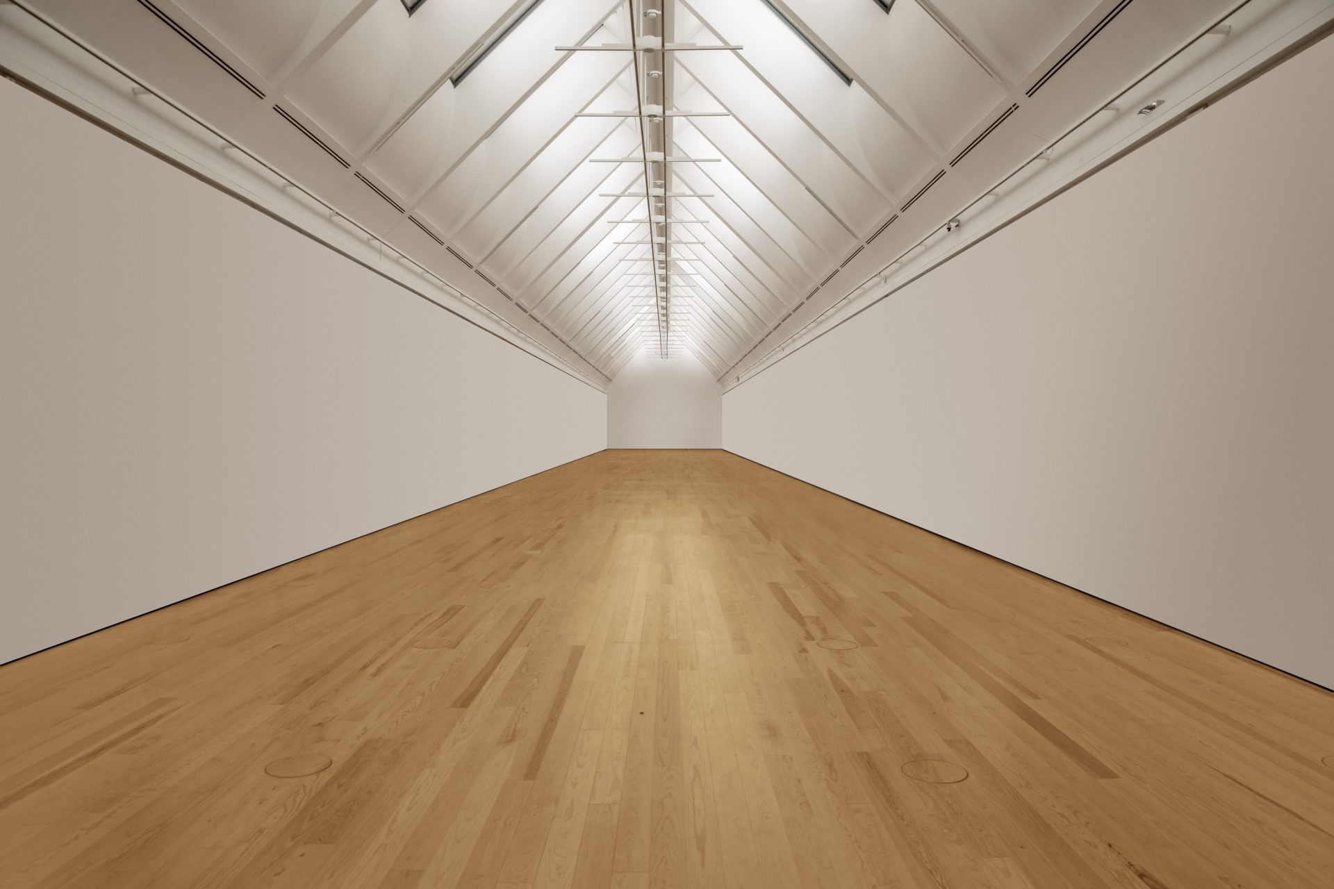 Leerer, heller Ausstellungsraum mit Holzfußboden und hohen Decken.
