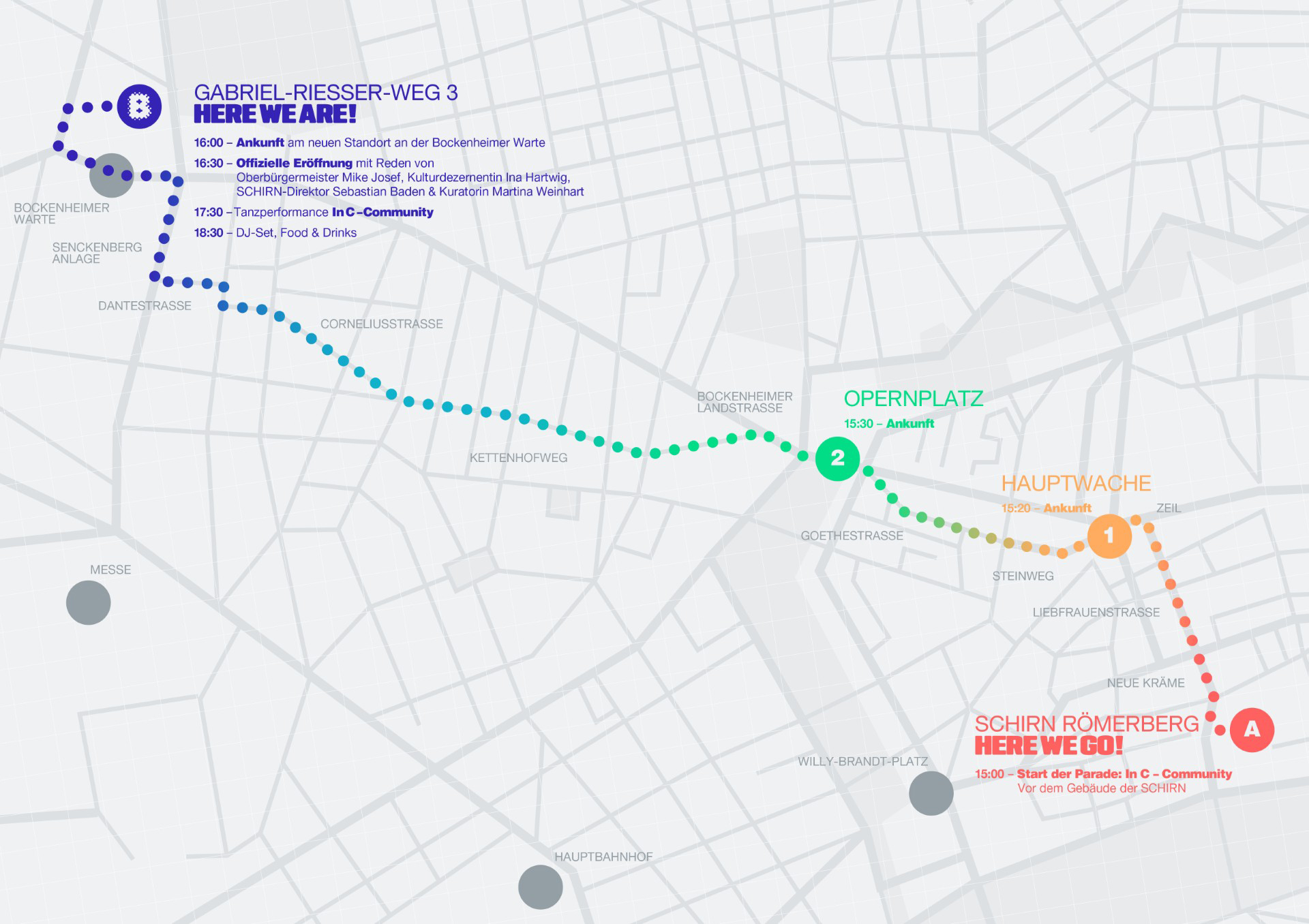 Karte mit Locations und Zeitplan für die Veranstaltung „HERE WE ARE!“ in Frankfurt.