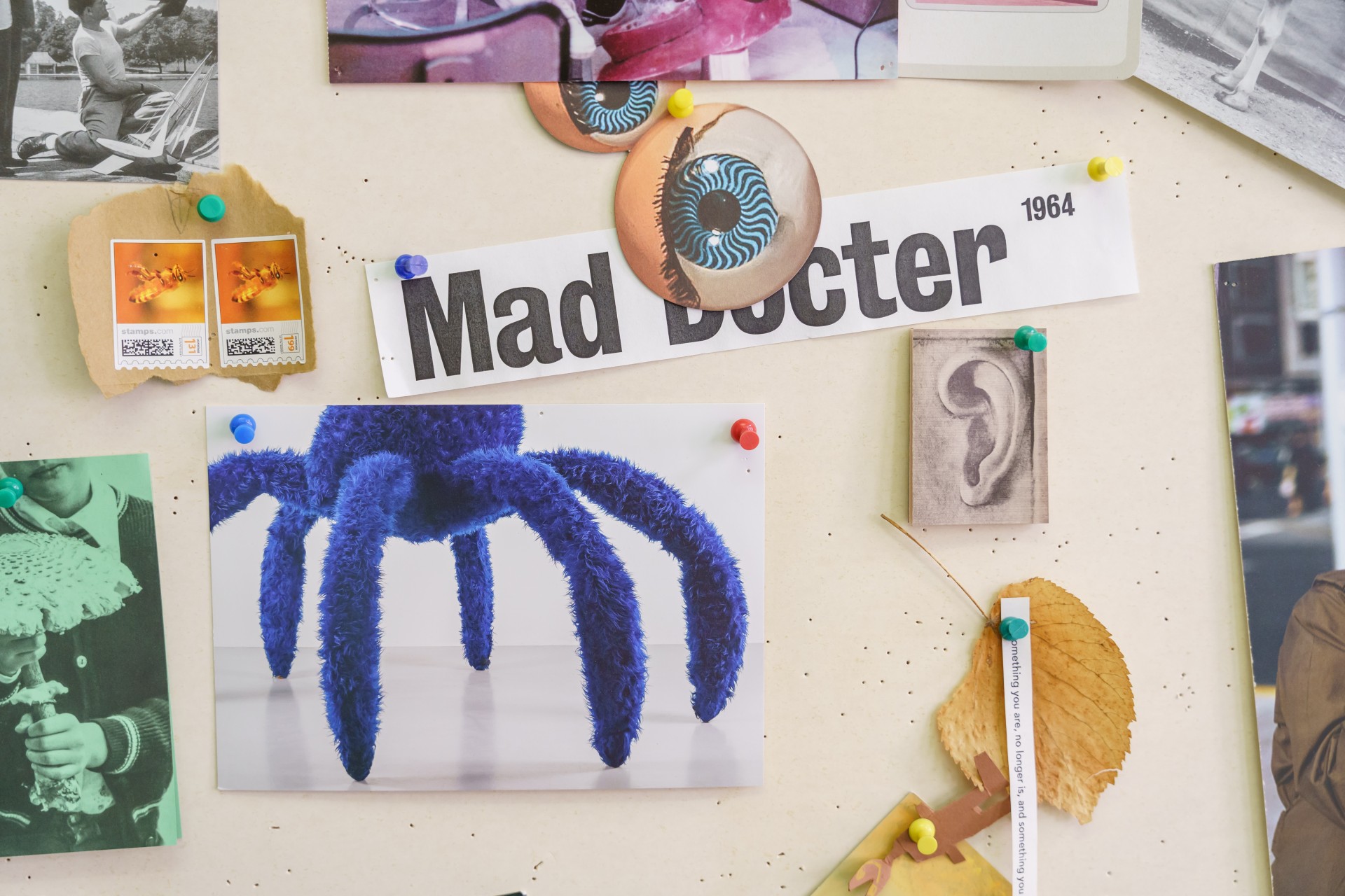 Collage aus Fotos, Stempeln und Notizen, mit einer blauen, plüschigen Spinne und dem Text "Mad Doctor".