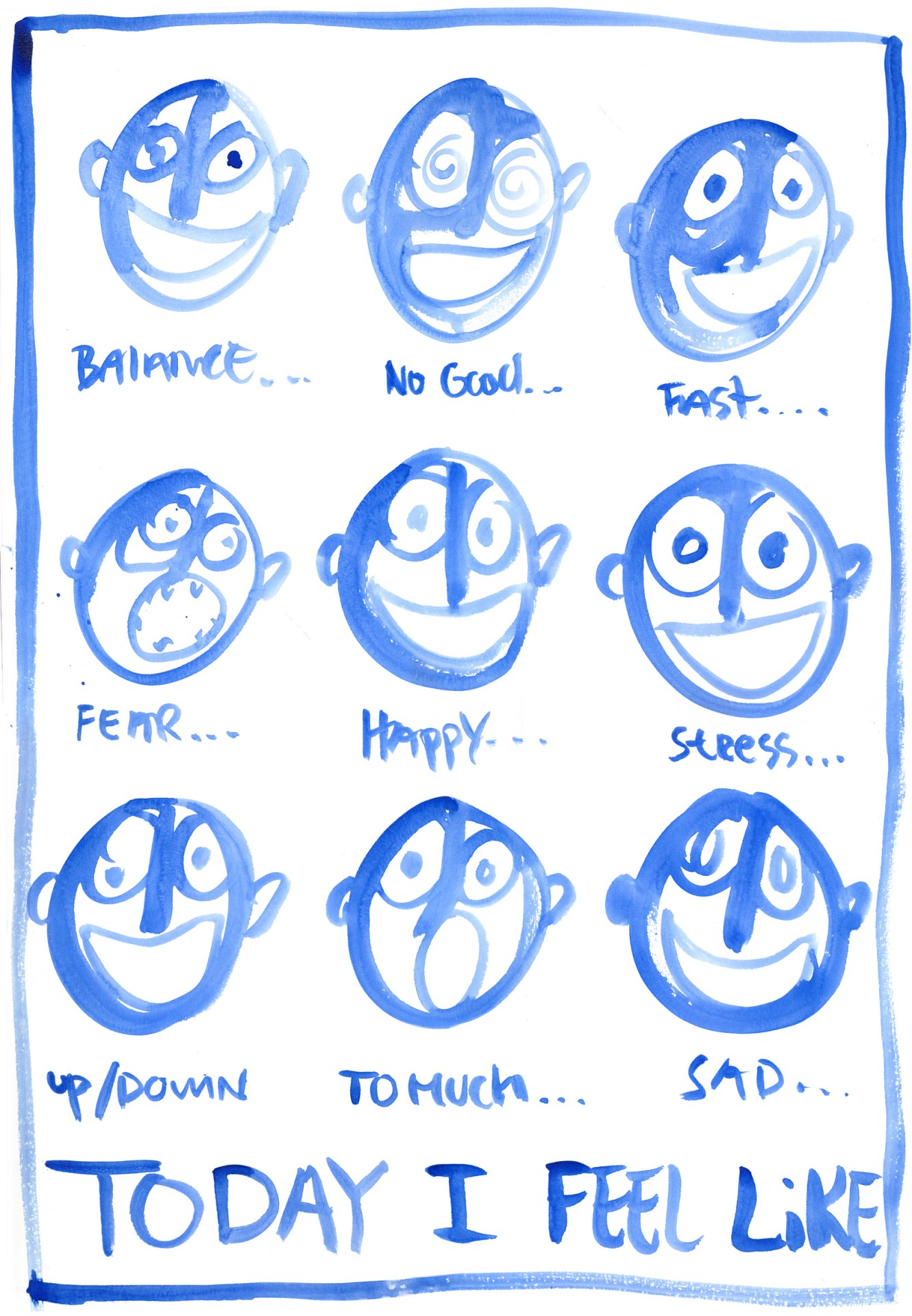 Eine Grafik mit neun Gesichtern, die verschiedene Emotionen wie glücklich, gestresst und traurig darstellen.
