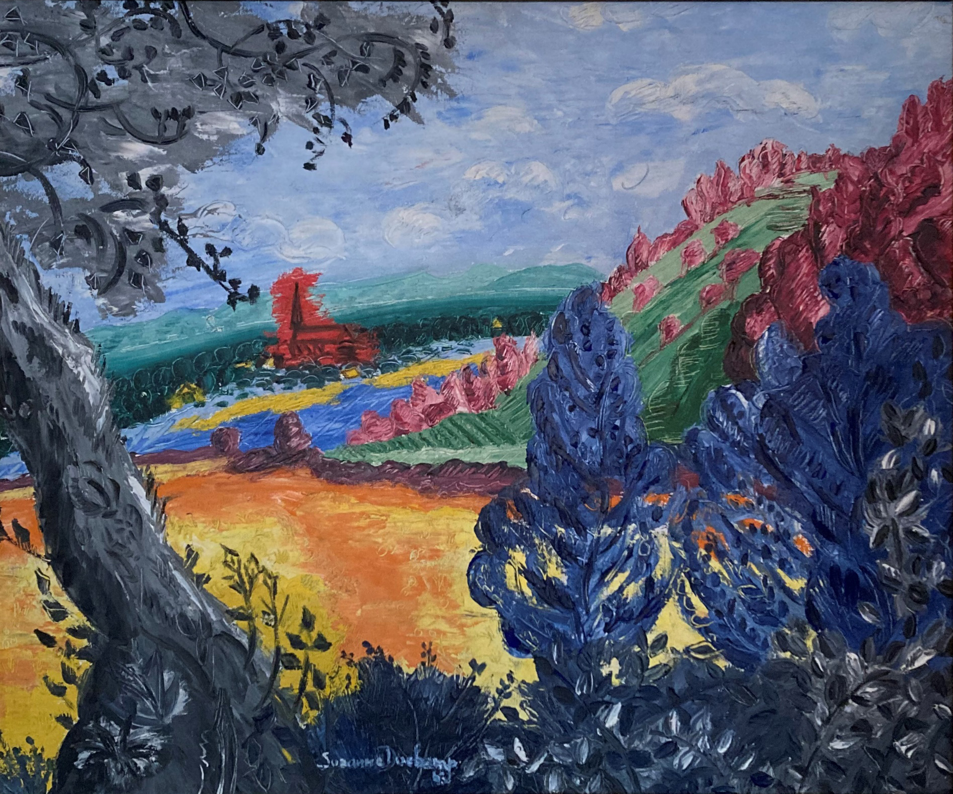 Lebendige Landschaft mit bunten Bäumen, Bergen und klarem Himmel, inspiriert von impressionistischer Kunst.