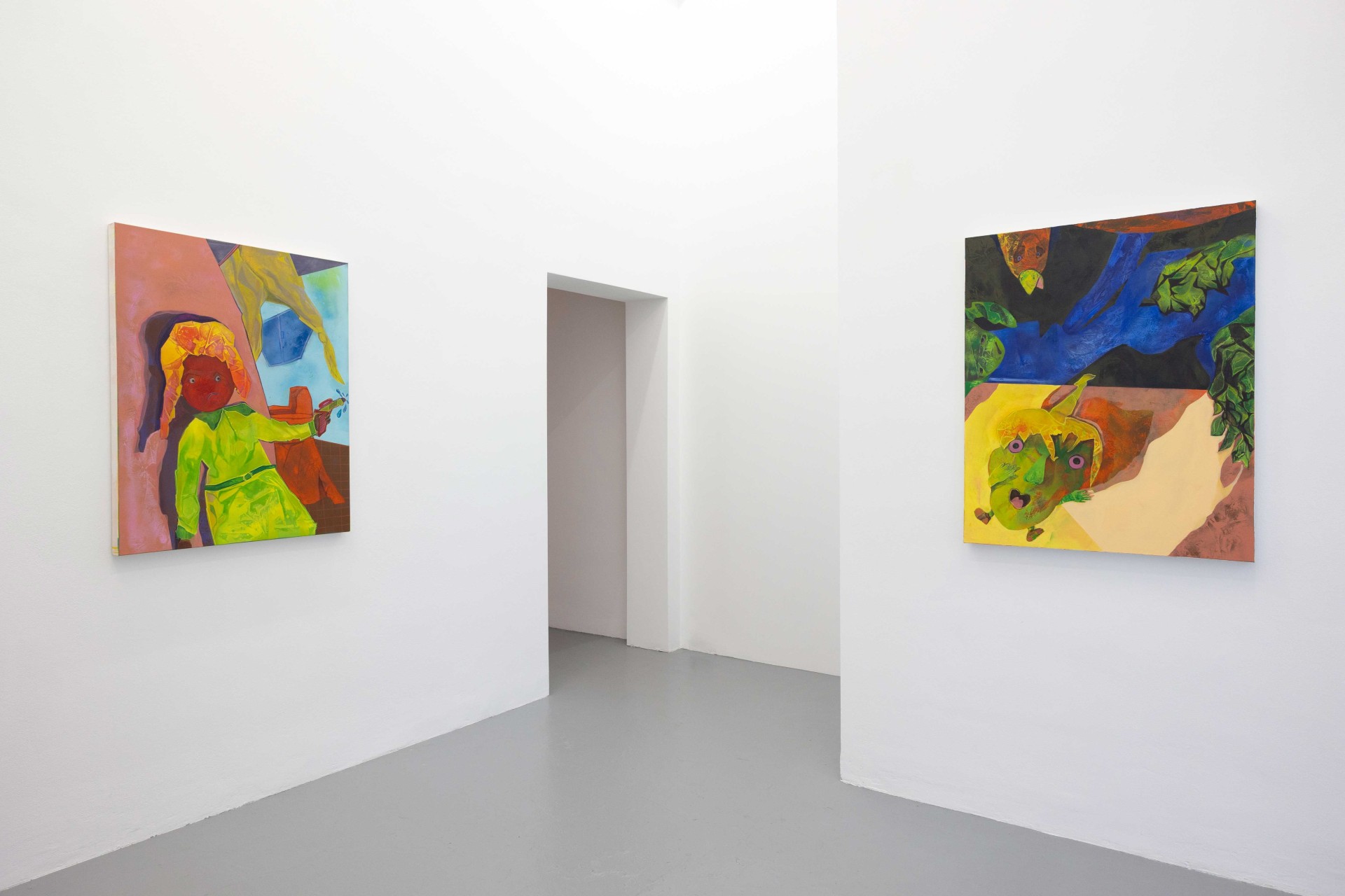 Two colorful paintings on white walls in a minimalist room. A passageway is visible.