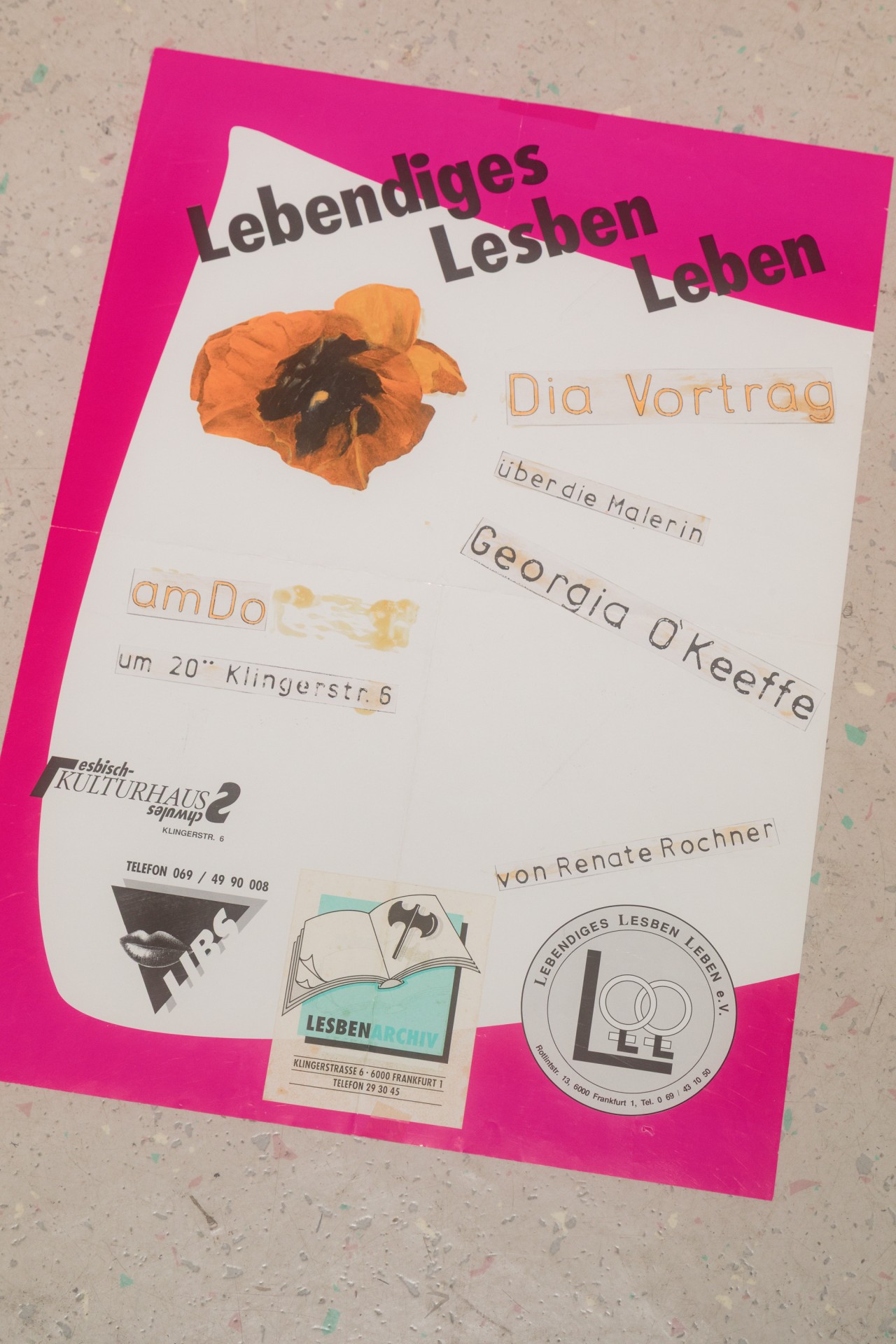 Plakat für einen Vortrag über Georgia O'Keeffe, organisiert von Lebendiges Lesben Leben, im bunten Design.