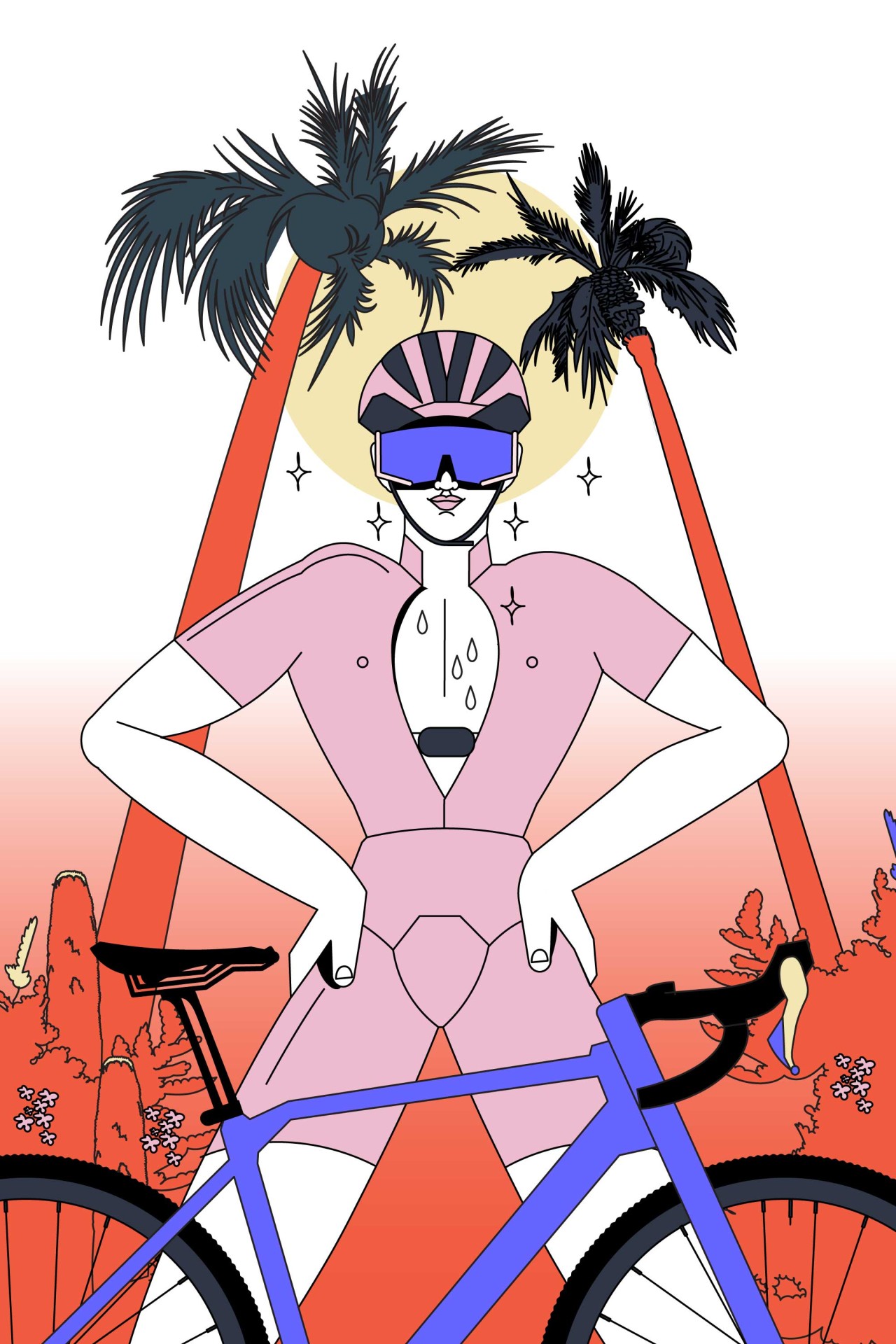 Stylisierte Fahrradfahrerin im pinken Outfit mit Sonnenbrille, umgeben von Palmen und einem leuchtenden Hintergrund.