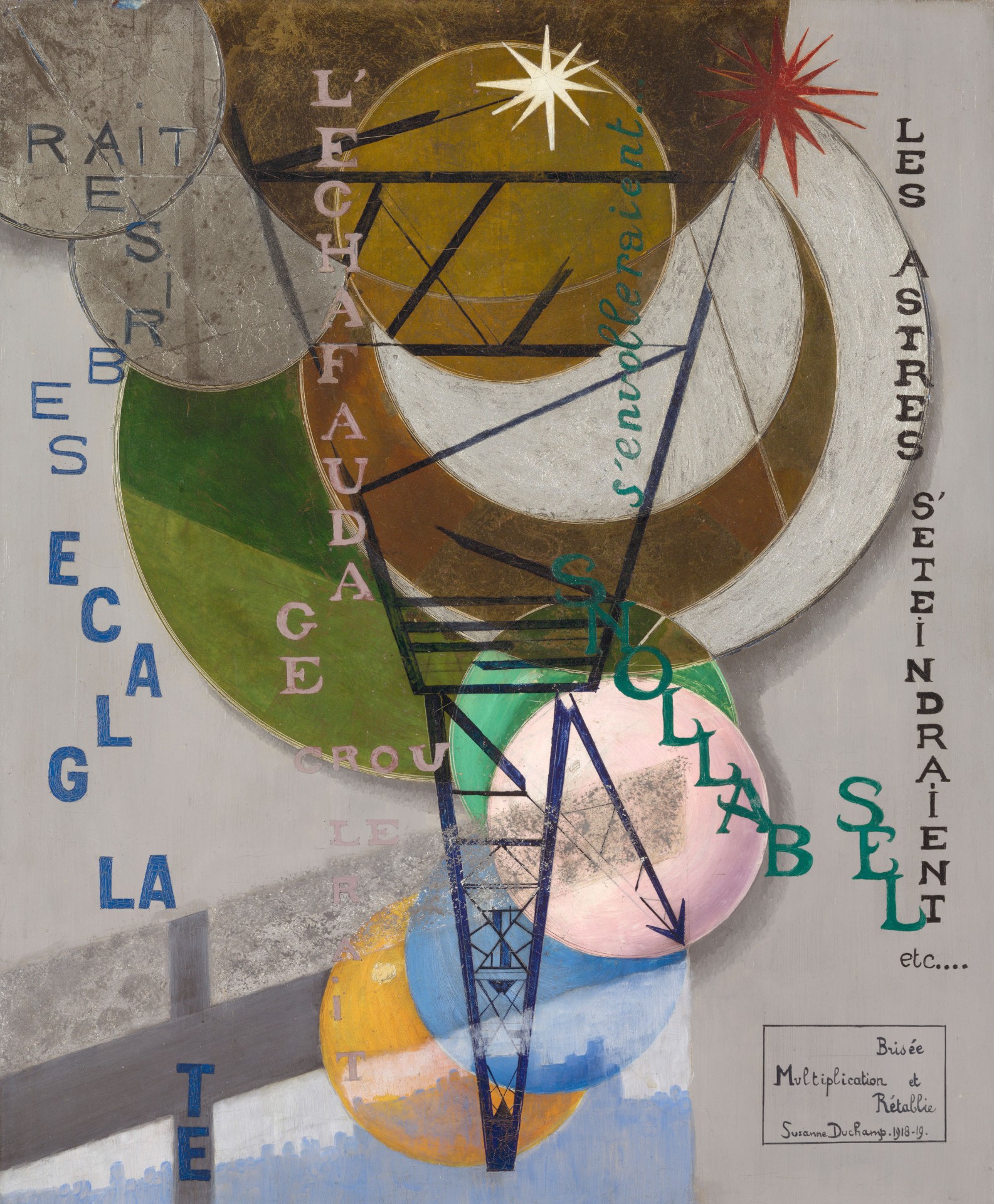 Abstrakte Komposition mit geometrischen Formen und Texten in verschiedenen Farben und Texturen.