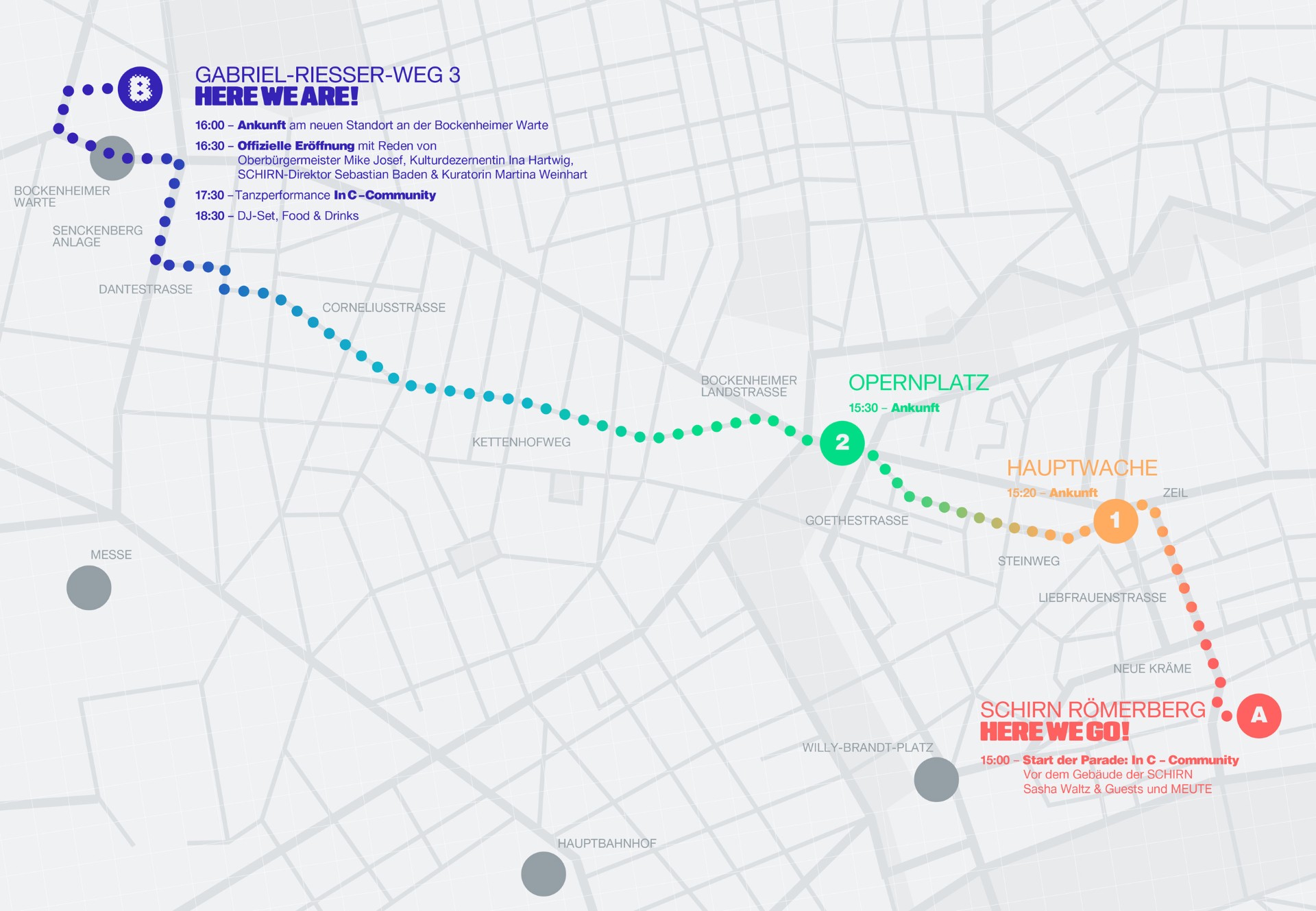 Karte mit Veranstaltungshinweisen und Ankunftszeiten für das Event "HERE WE ARE!" in Frankfurt.