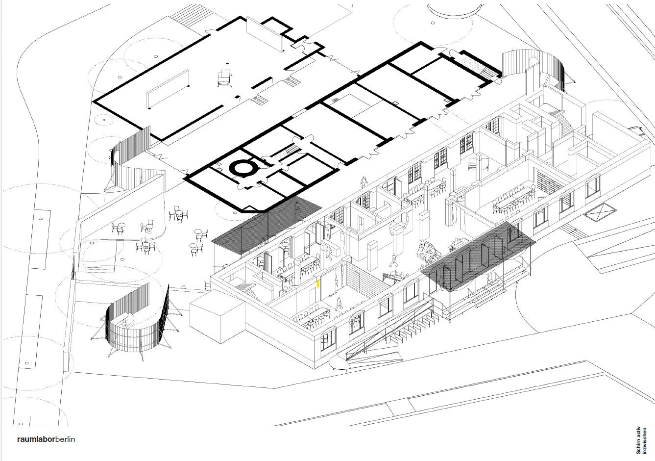 Schwarz-weißes Grundrissdiagramm eines Gebäudes mit unterschiedlichen Räumen und Möbelanordnungen.