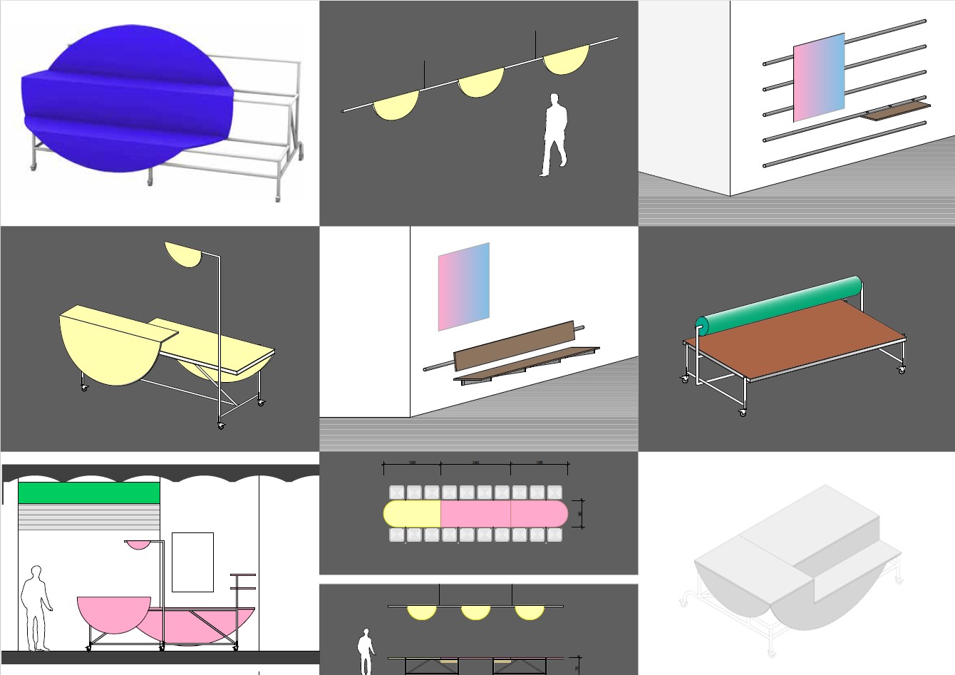 Kreative Möbel- und Lichtdesigns in verschiedenen Farben und geometrischen Formen.