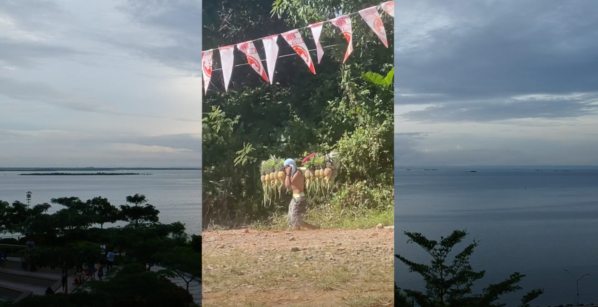 Mann trägt Ananas auf dem Rücken, vor einer ruhigen Wasserlandschaft mit Wolken und Bäumen im Hintergrund.