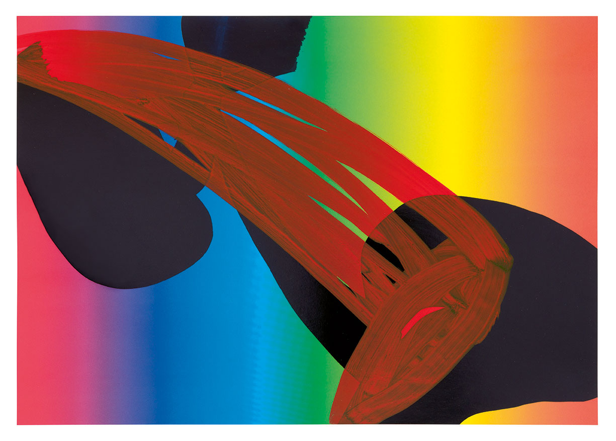 Abstractes Kunstwerk mit leuchtenden Farben, roten Pinselstrichen und schwarzen Formen auf einem dynamischen Hintergrund.