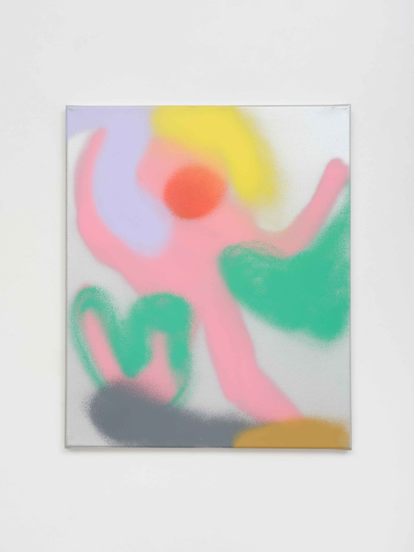 Abstrakte Malerei mit zarten Farben und Formen, die eine dynamische, verspielte Komposition präsentiert.