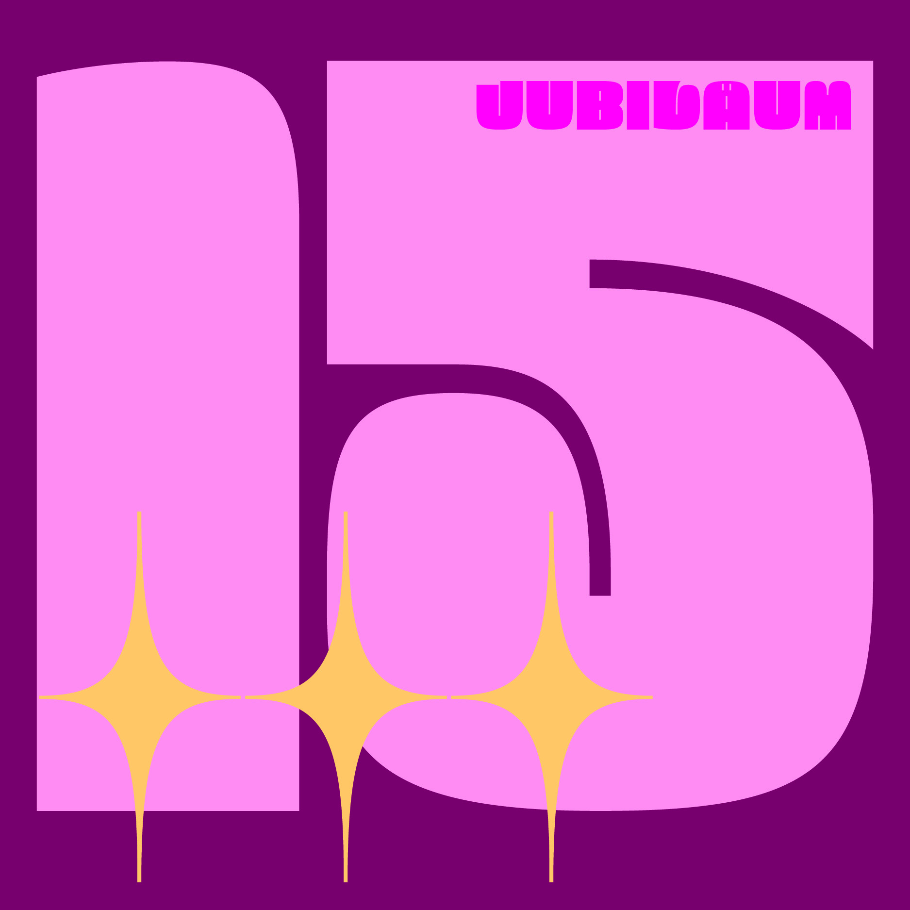 Colorful graphic design featuring a large 5, the text "UUBIDAUM," and gold stars on a purple background.