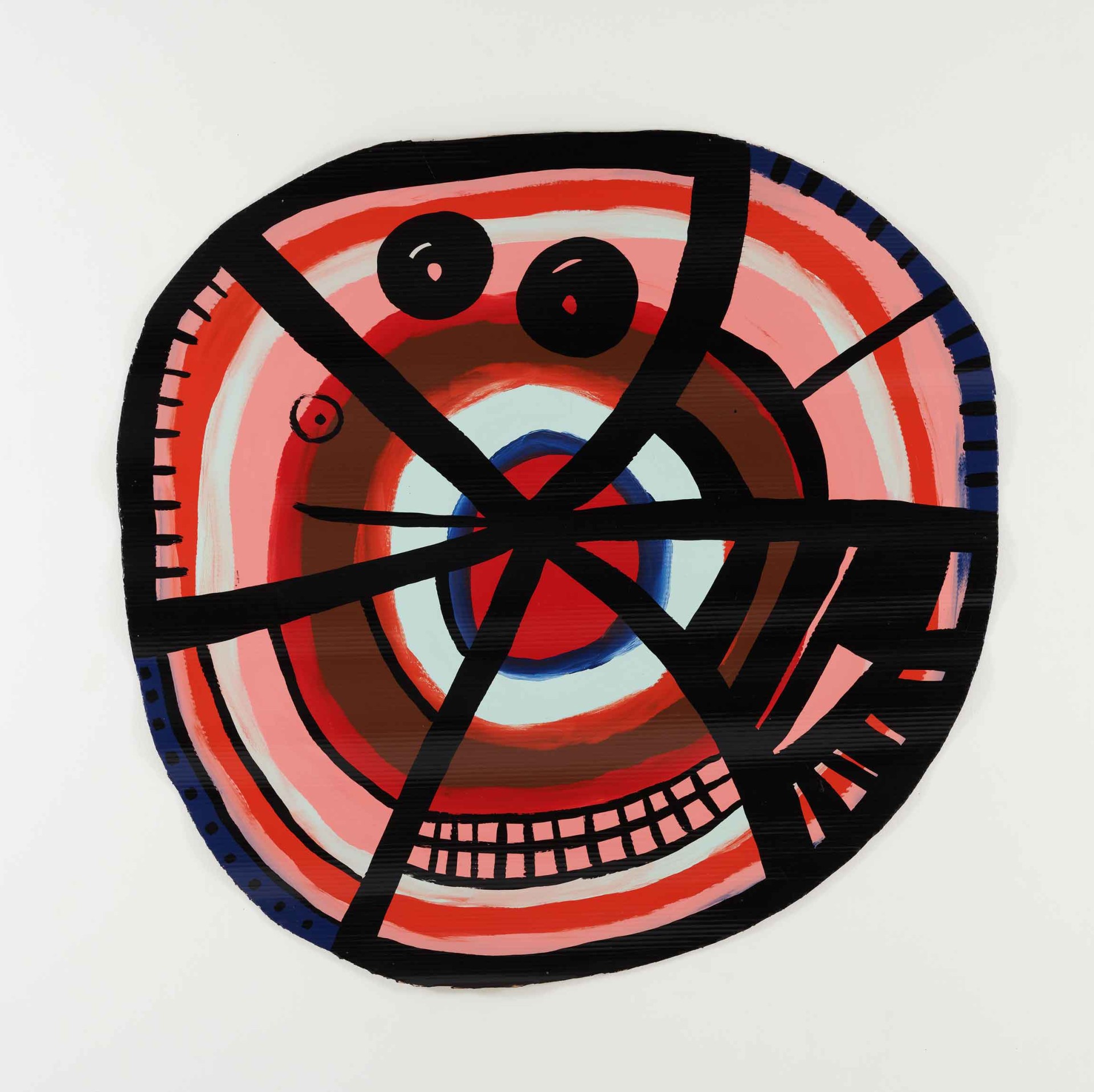 Abstraktes Kunstwerk mit runden Formen, leuchtenden Farben und schwarzen Linien, die dynamische Muster kreieren.