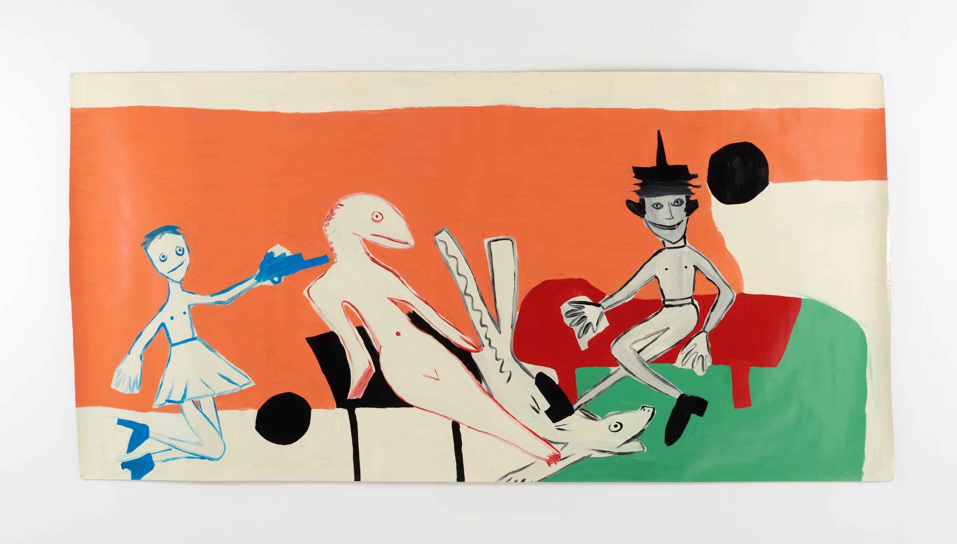 Fantasievolle Szene mit abstrakten Figuren, eine in einem Kleid mit Waffe, und surrealen Elementen vor buntem Hintergrund.