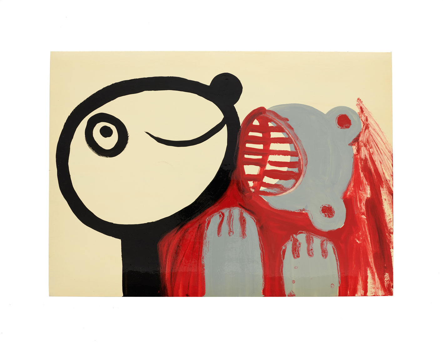 Stilisiertes, farbenfrohes Bild mit einem großen runden Gesicht und abstrakten Formen in Schwarz, Grau und Rot.