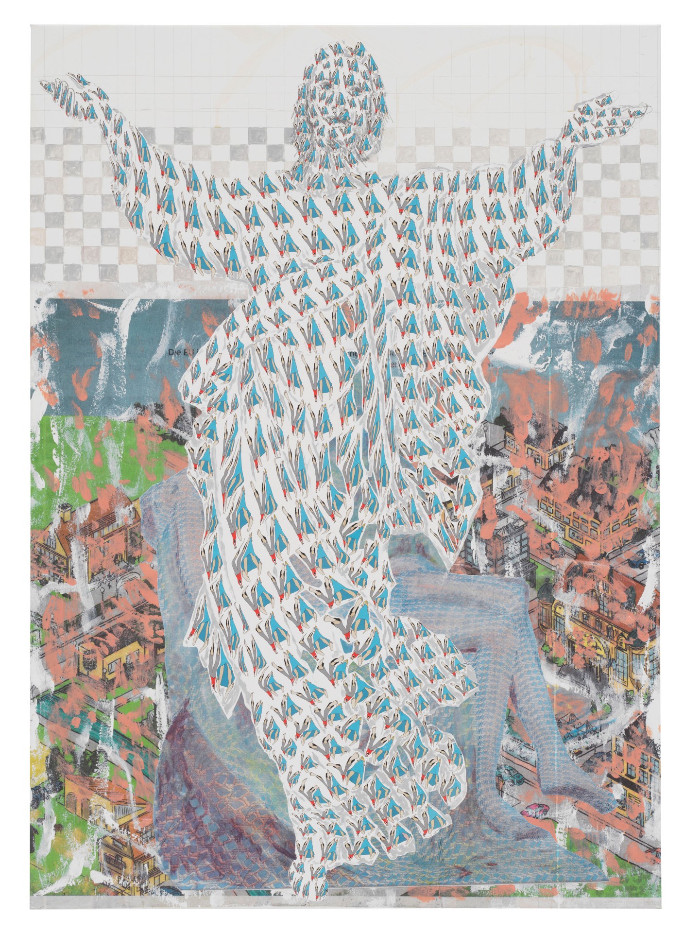 Künstlerische Collage mit figurativem Motiv, das farbige Muster und städtische Elemente vereint.