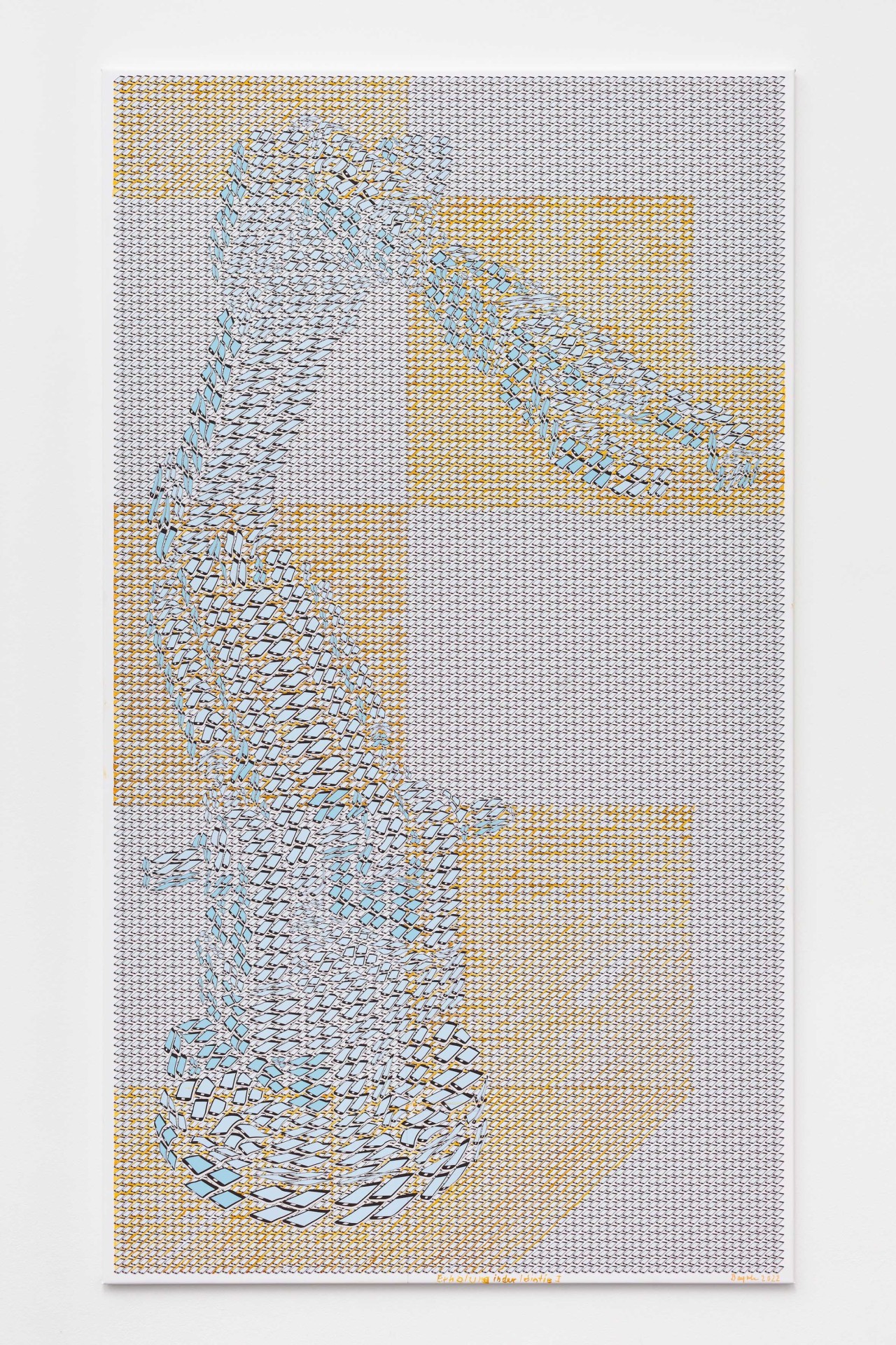 Abstrakte Grafik in sanften Farben mit geometrischen Formen, die eine dynamische Komposition kreiert.