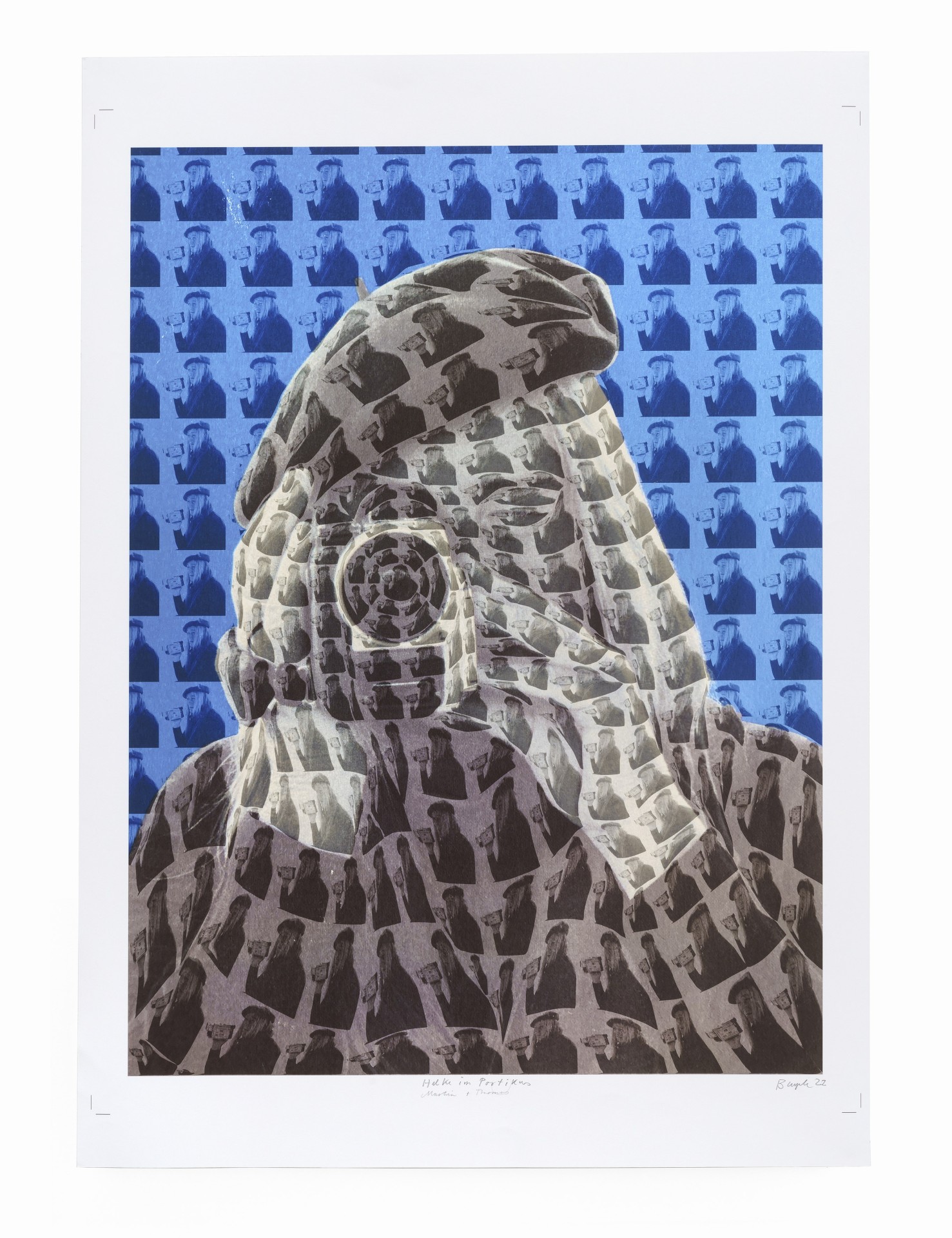 Artistic portrait with multiple overlays of a figure against a blue background.