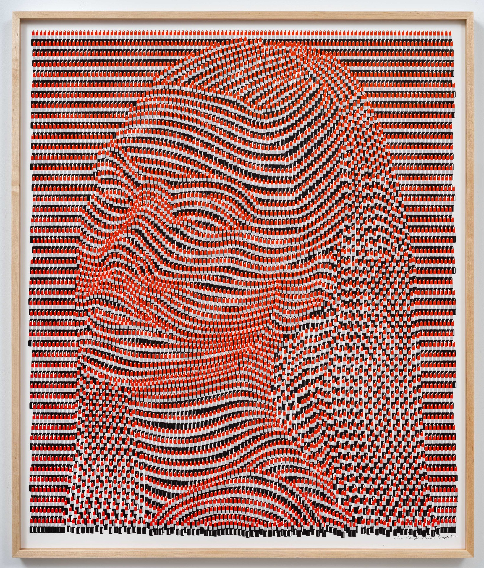 Artistic depiction of a face made of colored lines and shapes in red, black, and white.