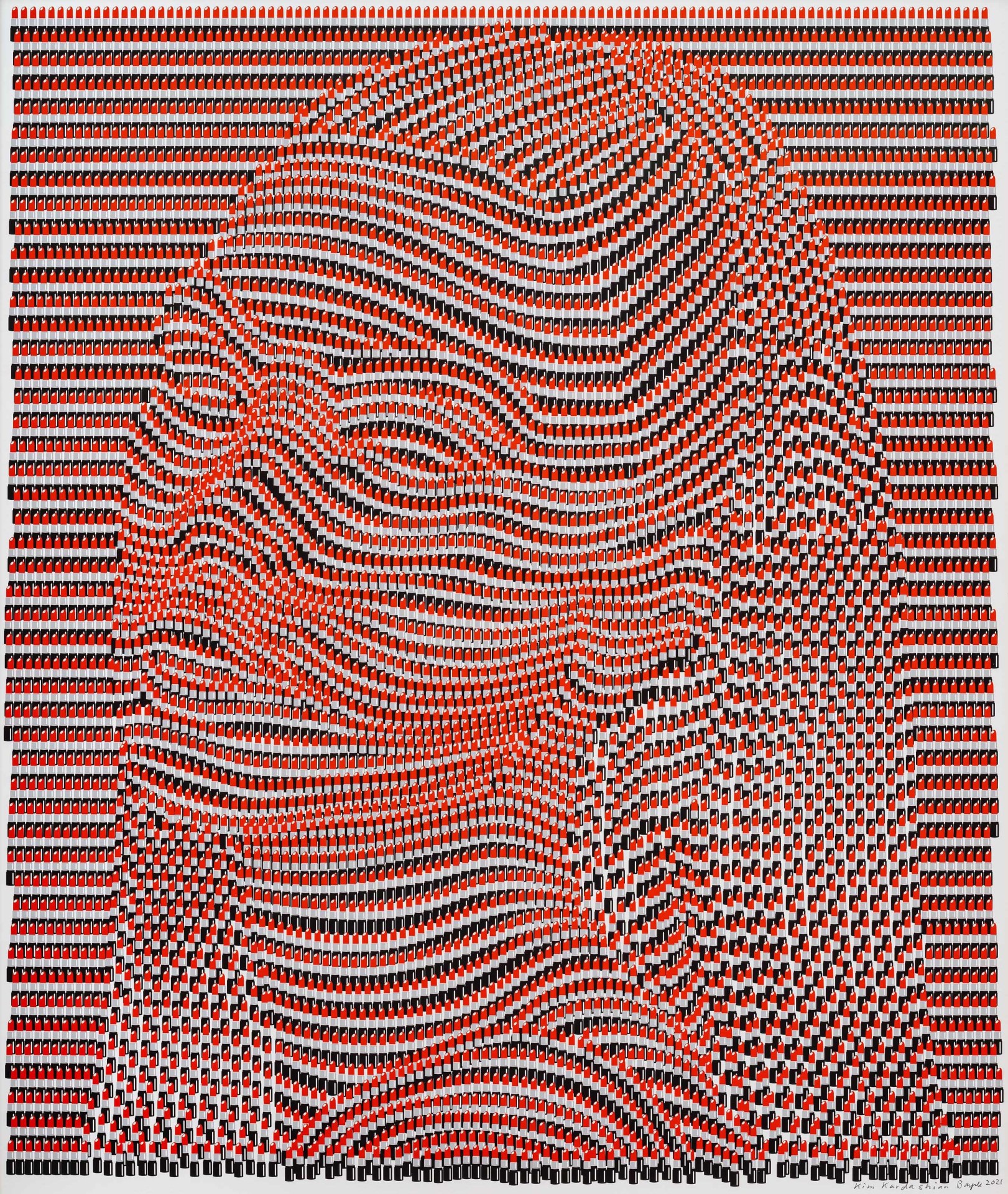 Artistic depiction of a face made of colored lines and shapes in red, black, and white.