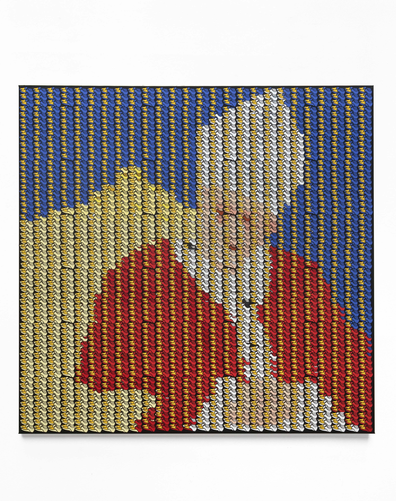 Kunstwerk aus bunten Mustern, das verschwommen eine figürliche Darstellung zeigt, in den Hauptfarben Blau, Gelb und Rot.