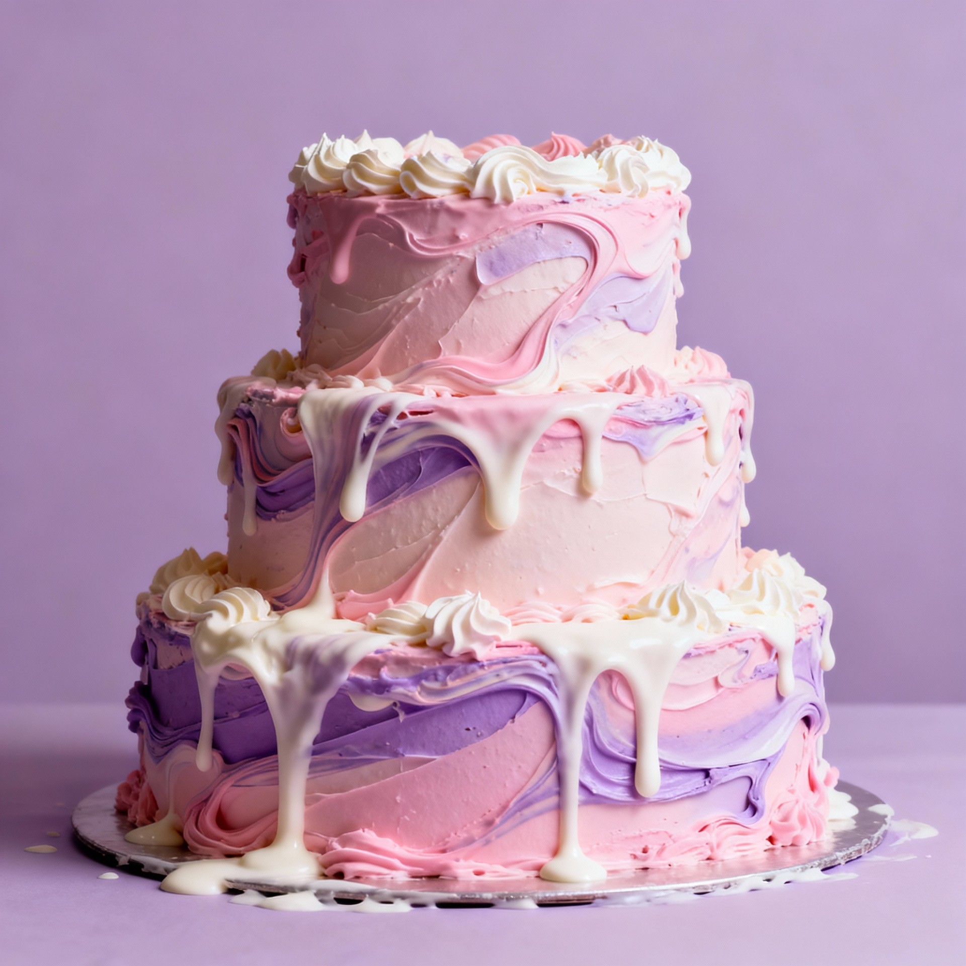 Drei-stöckiger Kuchen mit pink-violettem Zuckerguss und flüssiger Ganache auf lila Hintergrund.