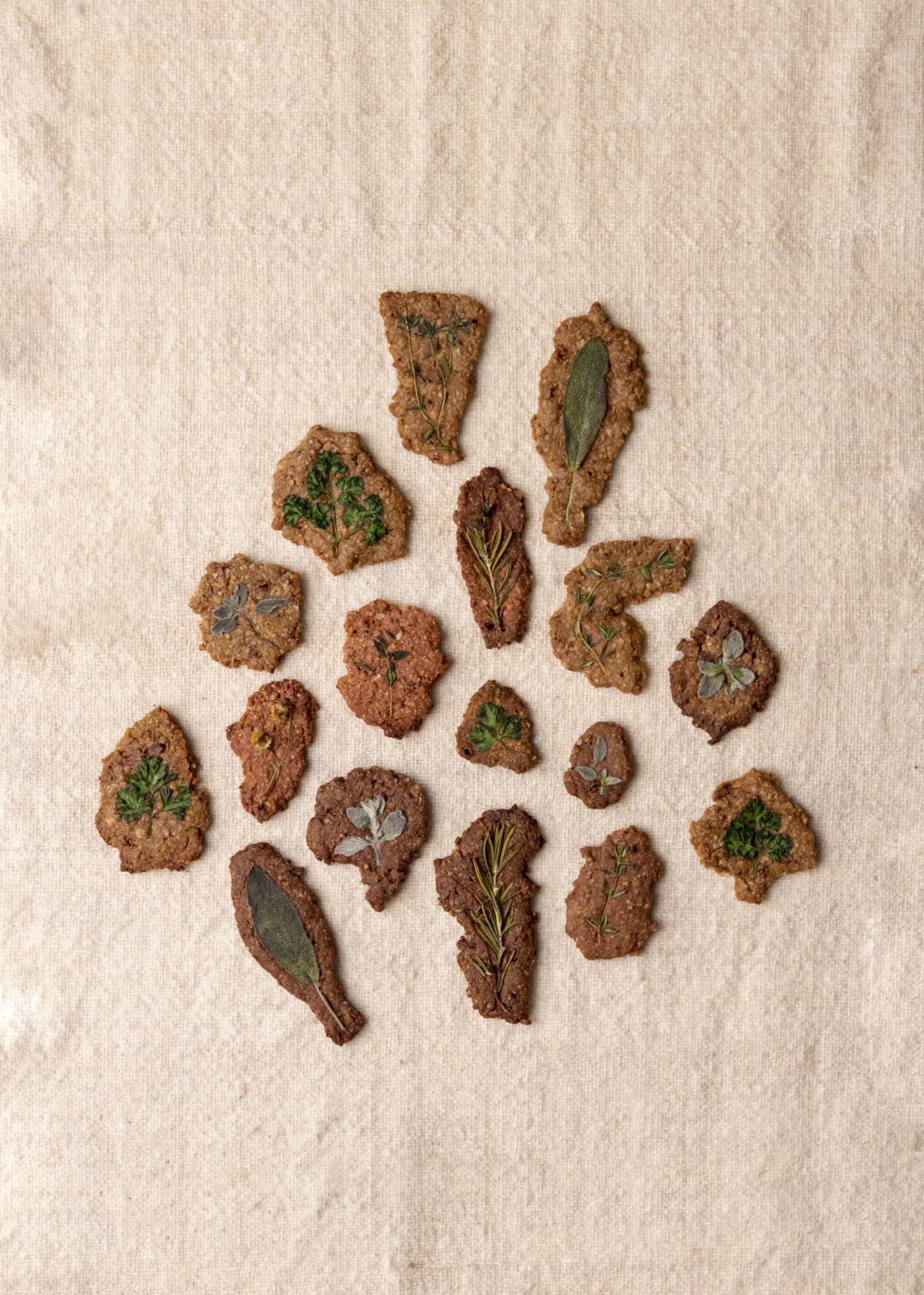 Getrocknete Kräuter auf handgemachten Keksen in Blattform, angerichtet auf einem neutralen Untergrund.