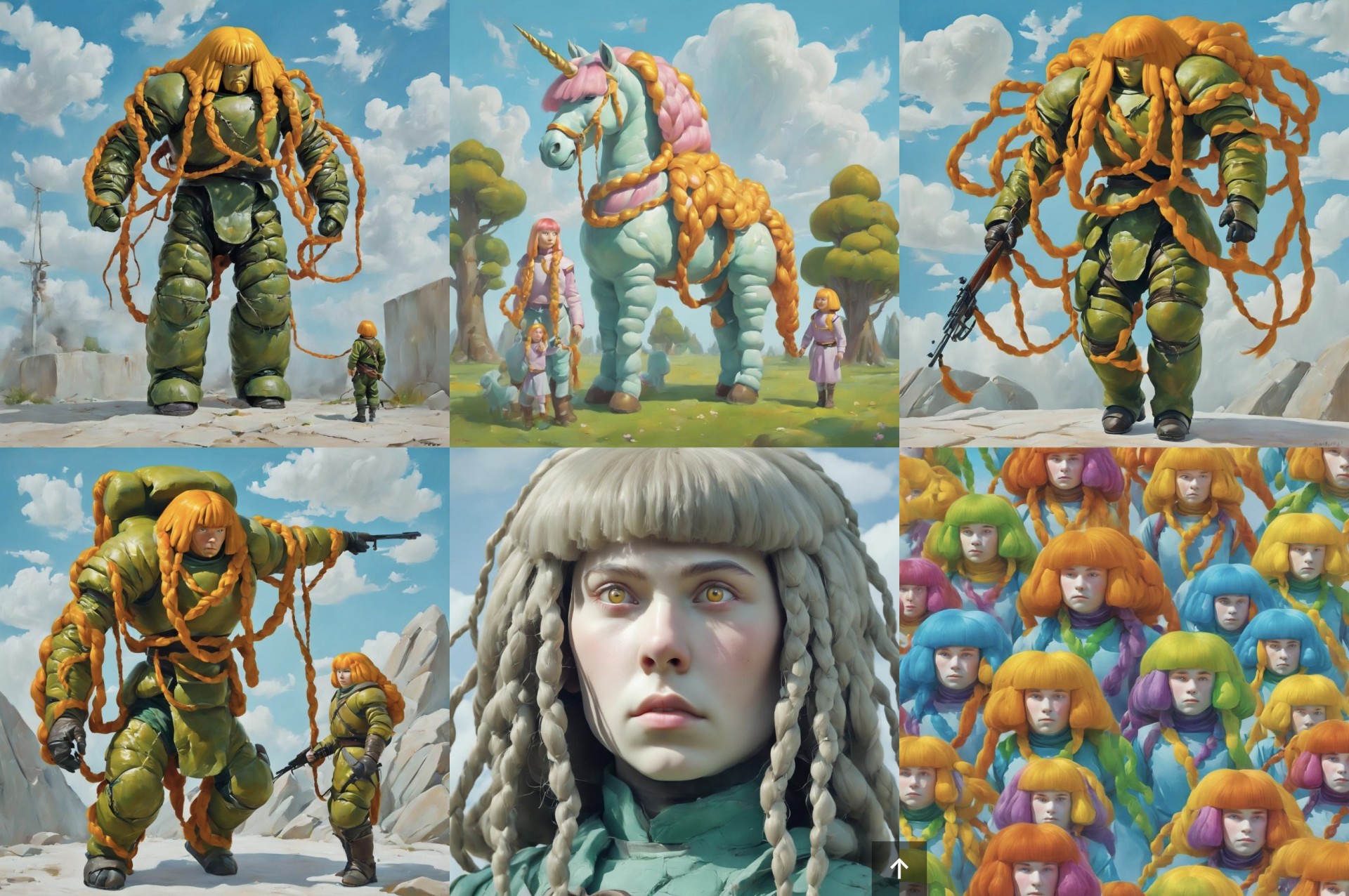 Fantastische Szenen mit einem muskulösen Krieger, mystischen Einhörnern und bunten Charakteren im surrealen Stil.