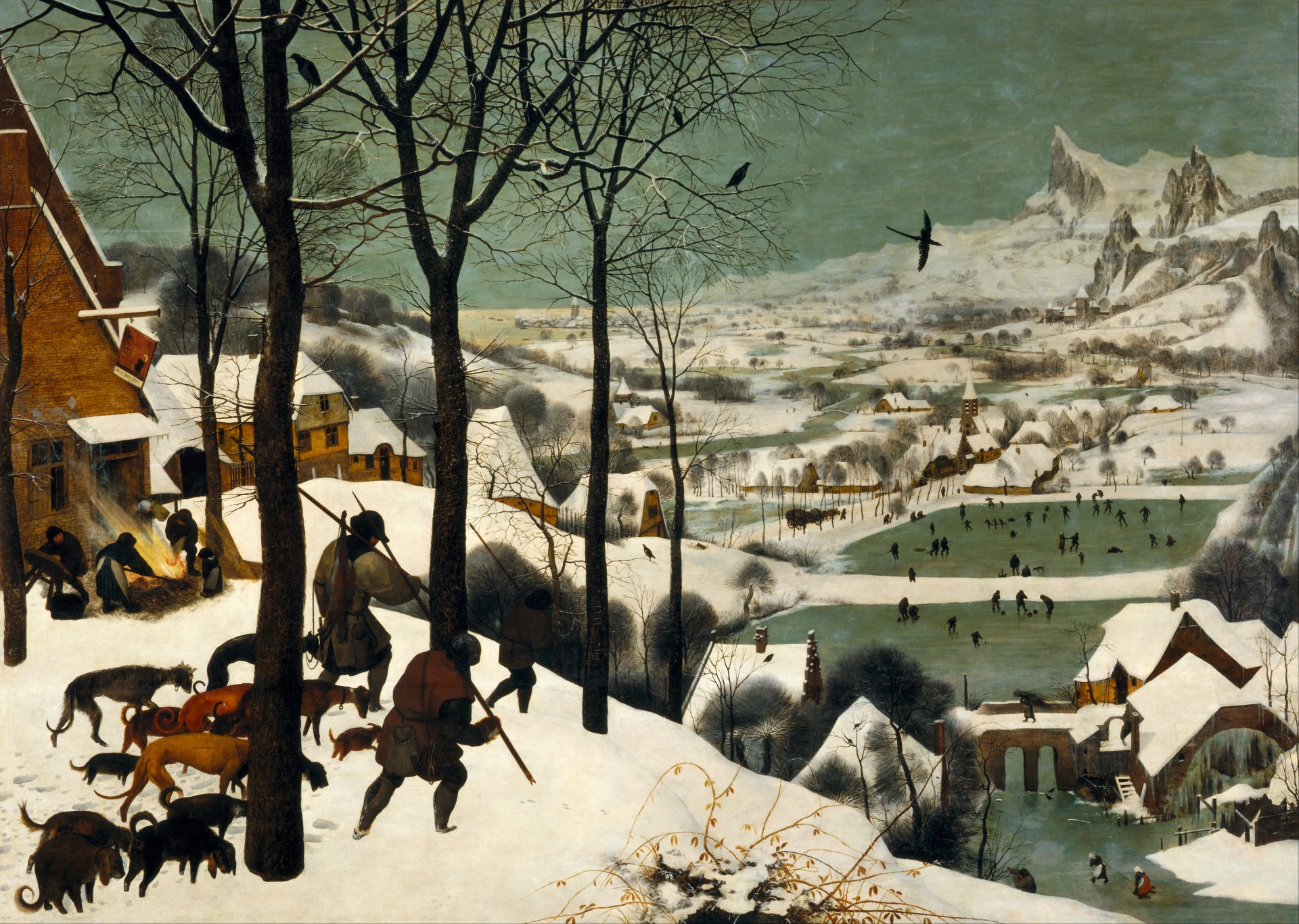 Winterlandschaft mit Menschen, die Wintersport treiben, auf Jagd sind und Tiere in einer verschneiten, ländlichen Umgebung.