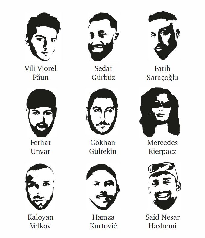 Silhouetten von neun Personen in drei Reihen mit Namen darunter, im minimalistischen Design.