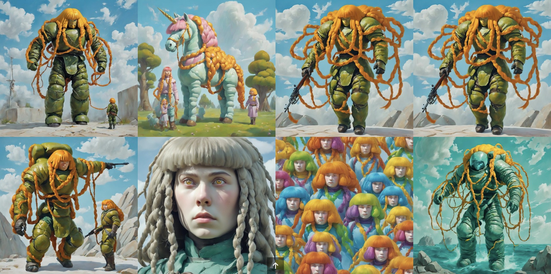 Bunte, surreale Szenen mit kriegerischen Figuren, einem Einhorn und fantasievollen Charakteren in verschiedenen Posen.