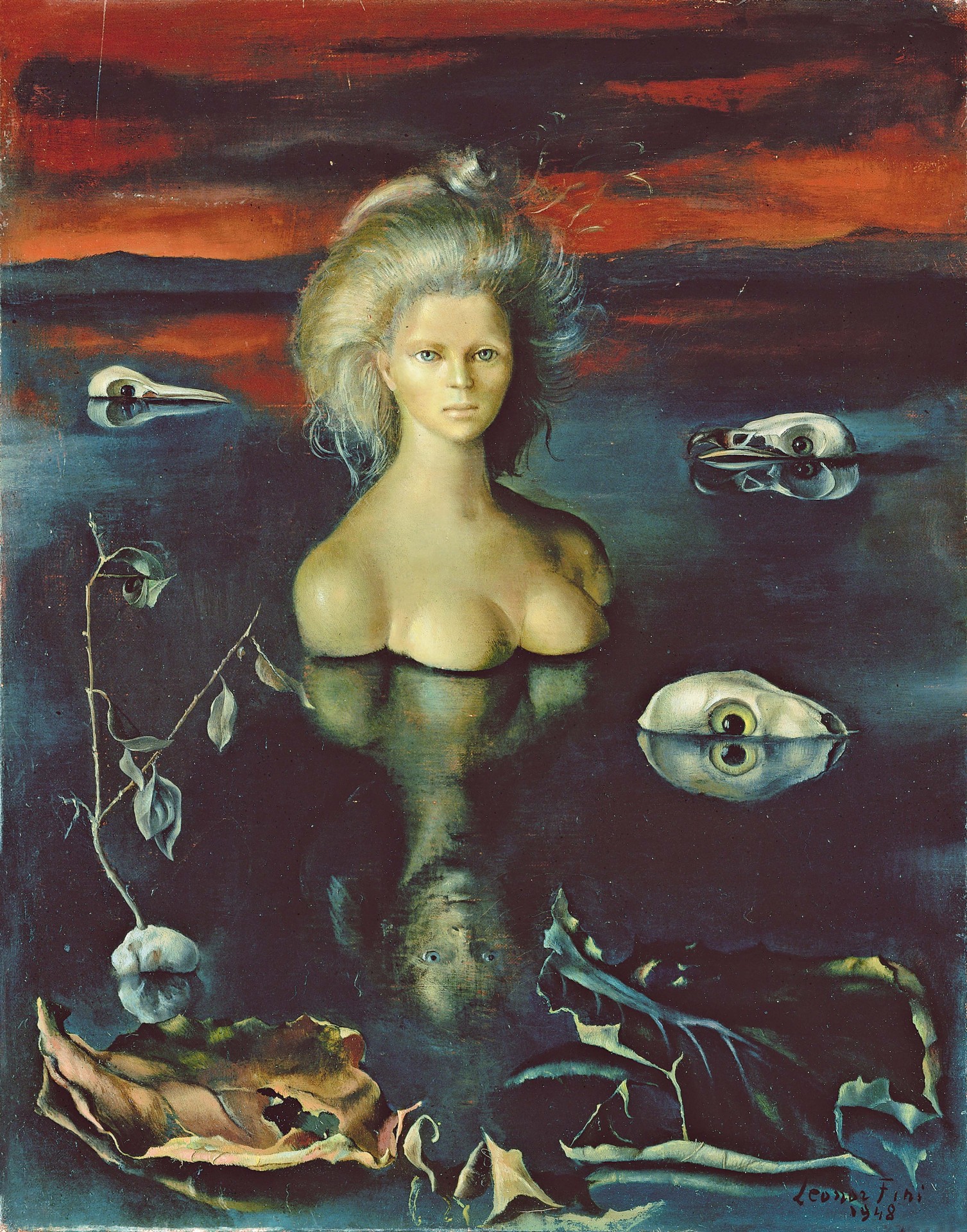 Surreale Darstellung einer Frau im Wasser, umgeben von geheimnisvollen Objekten und einer dramatischen Landschaft.