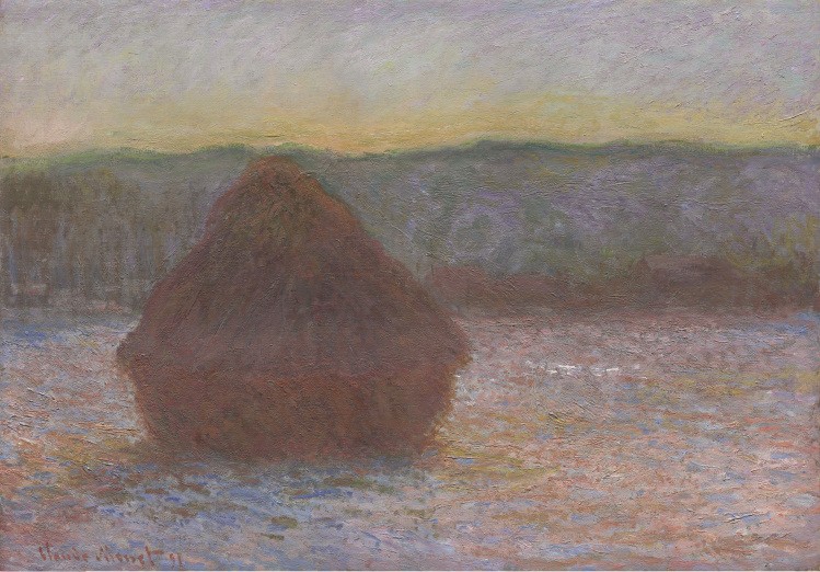 Dieses Landschaftsgemälde von Claude Monet zeigt leicht links im Bild, einen großen Heuhaufen und ist 64,4 × 92,5 cm groß. Er ist im Vordergrund mit kräftigen, dicken Pinselstrichen gemalt und besteht aus dunklen Braun- und Erdtönen. Direkt hinter dem Heuhaufen verläuft der Horizont, der vom warmen Licht des Sonnenuntergangs in gelben Farbtönen flimmert. Darüber erstreckt sich der Himmel, der vom blassen Gelb am Horizont sanft in ein helles Blau nach oben übergeht und das Ende des Tages andeutet. Im unscharfen Mittelgrund dominieren Grüntöne, vage Formen lassen Bäume und einige Häuser erahnen. Das Feld im Vordergrund leuchtet in einer Mischung aus Blau-, Orange-, Grün- und Weißtönen und scheint die Farben des gesamten Gemäldes widerzuspiegeln.