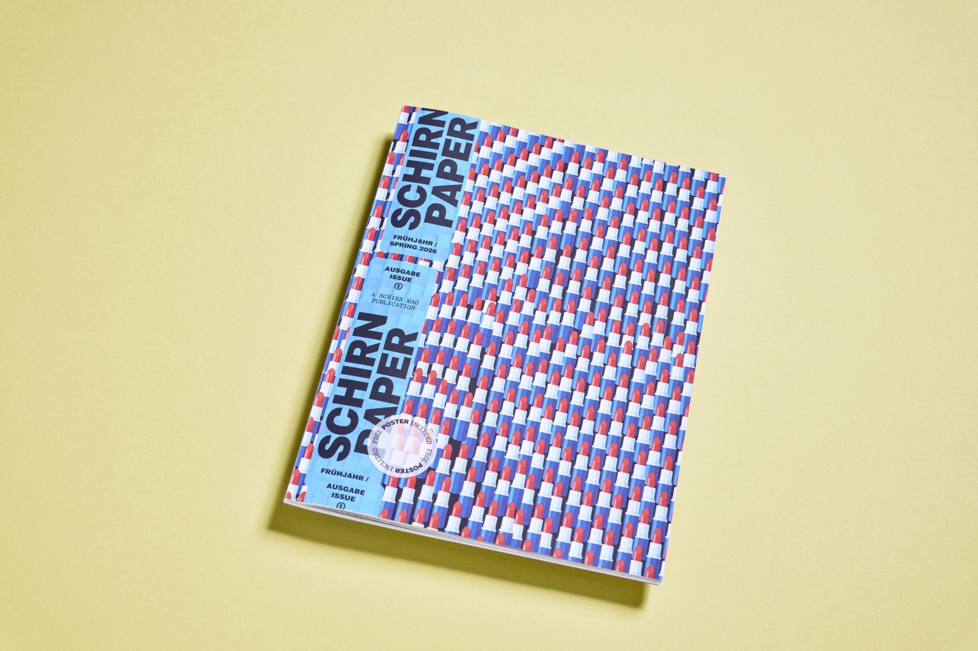 Buntes Magazin "Schirn Paper" auf gelbem Hintergrund, mit grafischem Design aus roten, blauen und weißen Mustern.