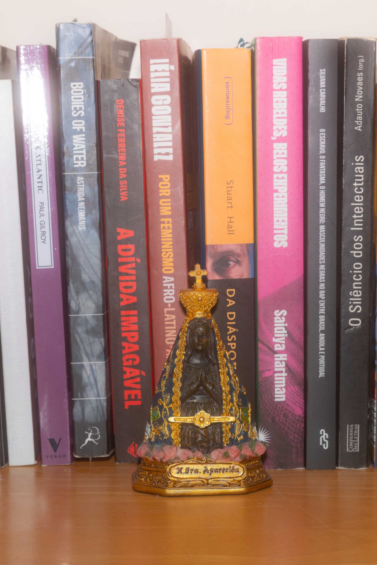 Statuette der Jungfrau Maria vor einem Regal mit bunten Büchern.