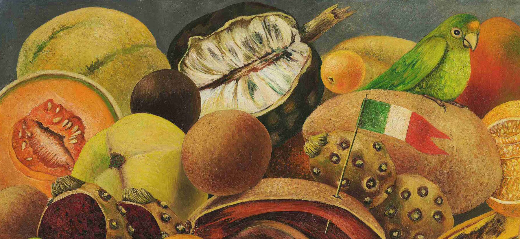 Colorful fruit composition with various fruits and a green bird sitting on a pile of fruit.