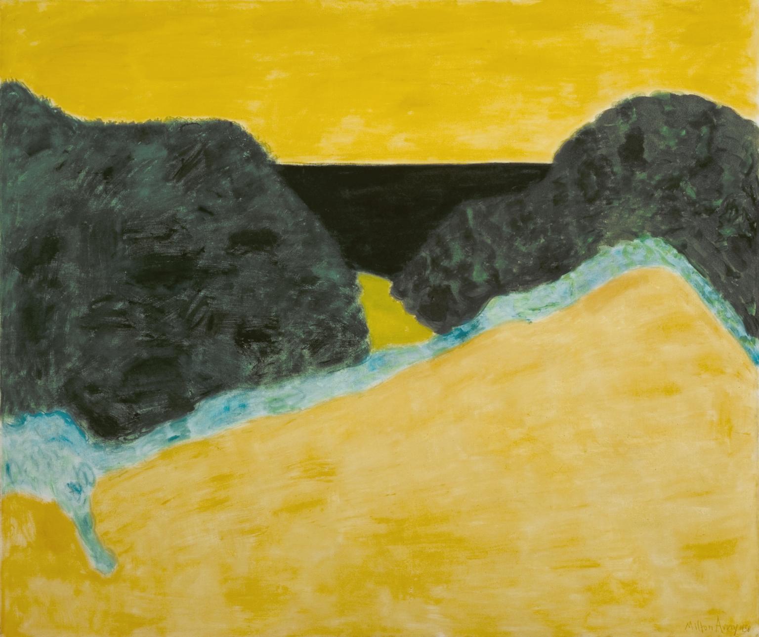 Abstract landscape with a yellow sky, dark mountains, and a bright sandy area in contact with water.