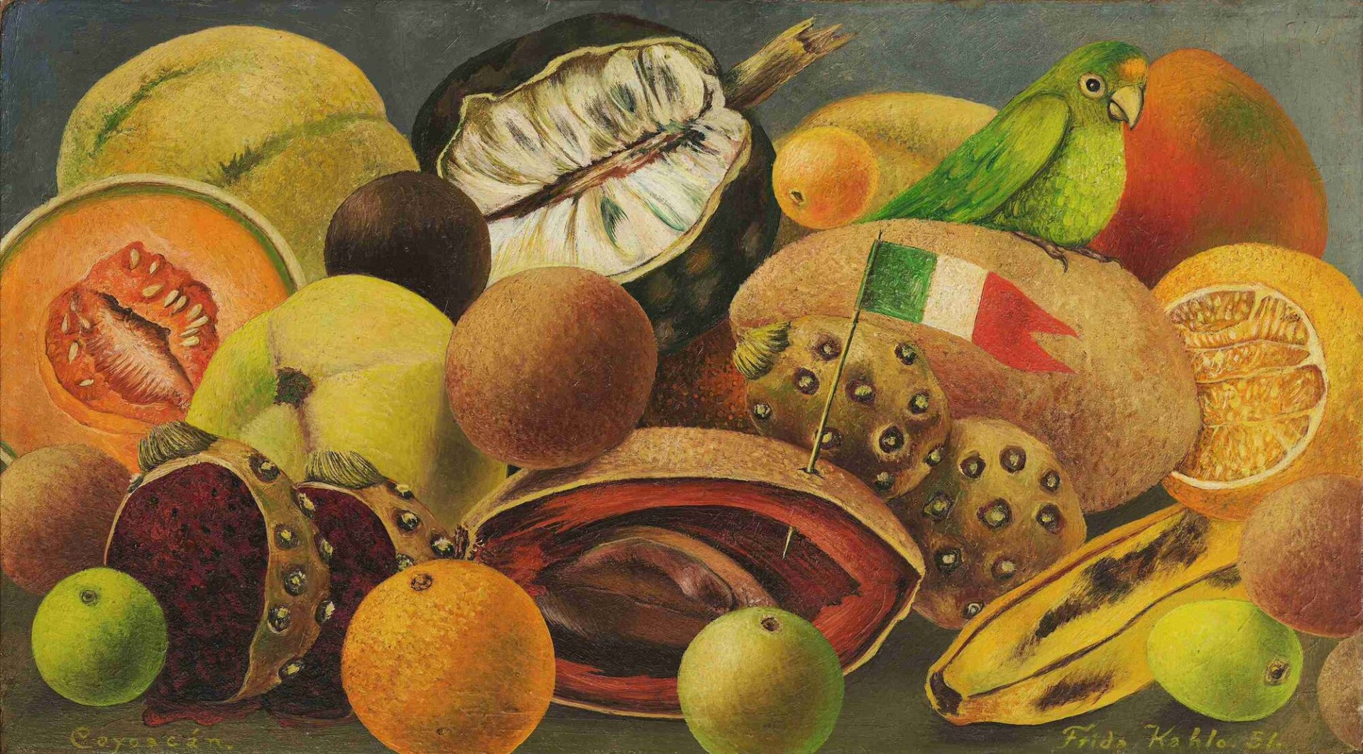 Colorful still life with various fruits and a green bird on a table.