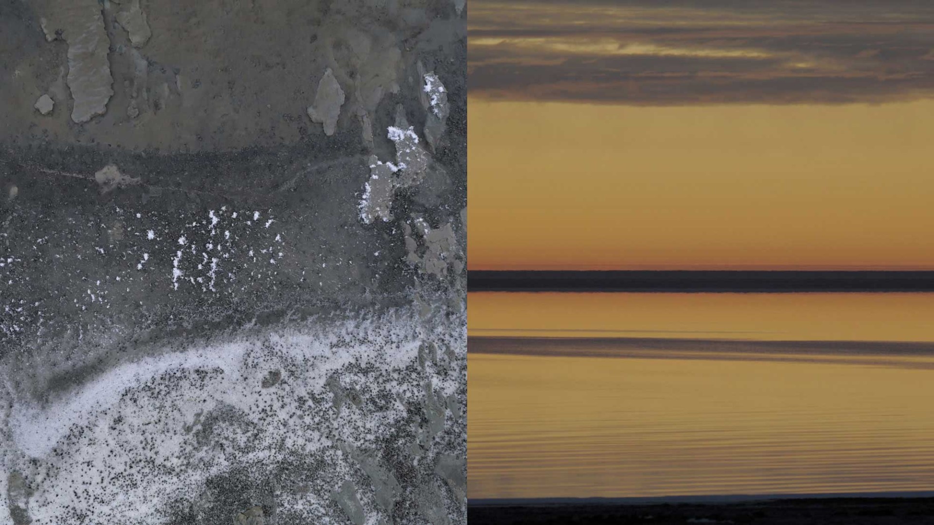 Zweigeteiltes Bild: links eine raue, graue Fläche, rechts ein sanfter Sonnenuntergang über stiller Wasseroberfläche.
