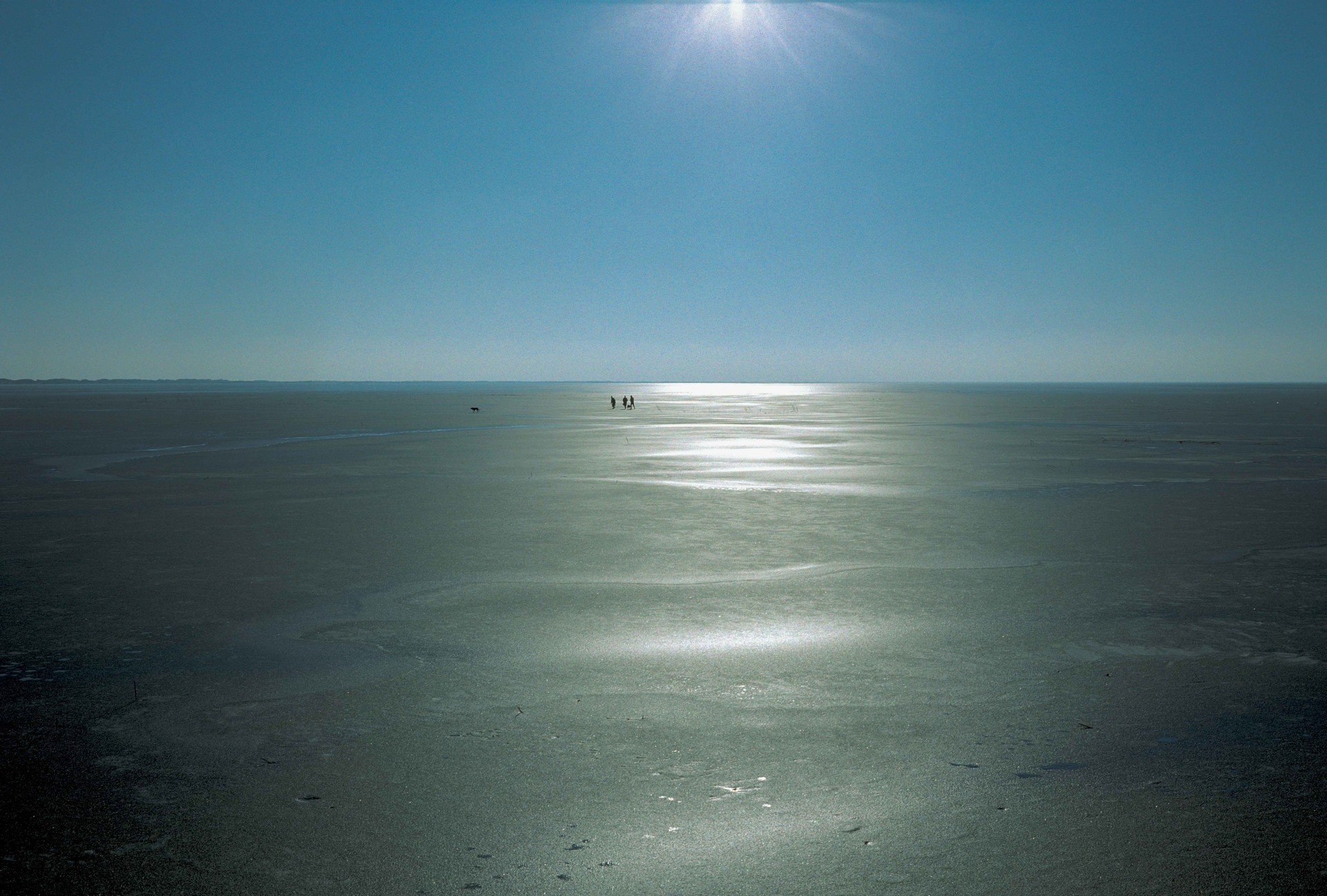 Weitläufiges Meer mit glitzernder Oberfläche, silhouettierten Personen am Horizont und klarem, blauem Himmel.