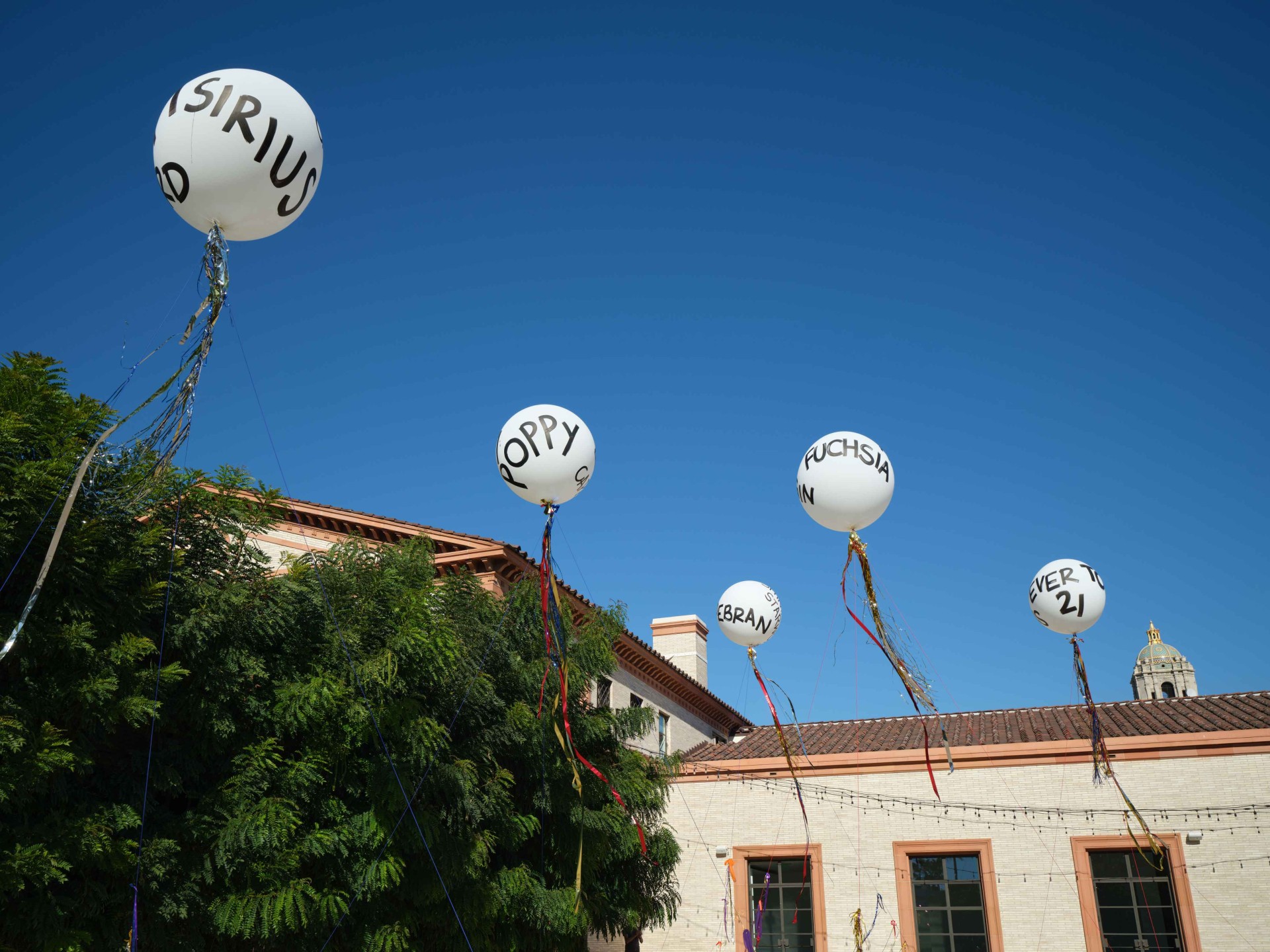 Weiße Luftballons mit großen schwarzen Buchstaben schweben vor einem klaren blauen Himmel über einem Gebäude.