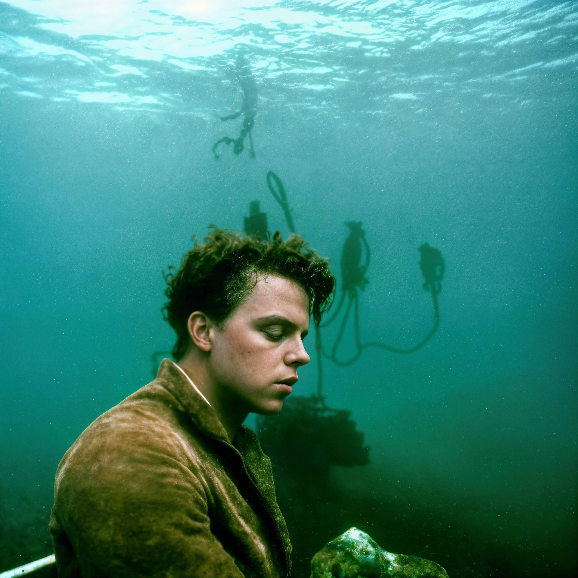 A young man sits underwater, surrounded by greenish light and silhouetted diving equipment.