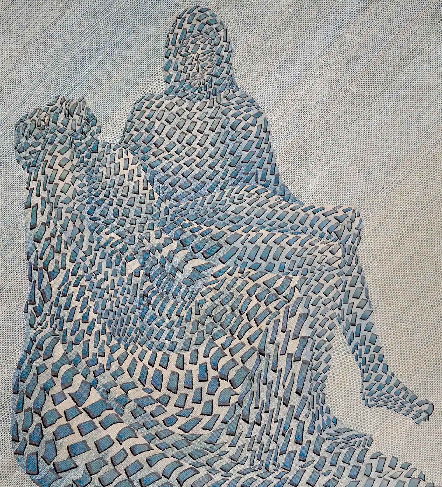 Abstrakte Darstellung zweier Figuren aus blauen und grauen geometrischen Mustern auf hellem Hintergrund.