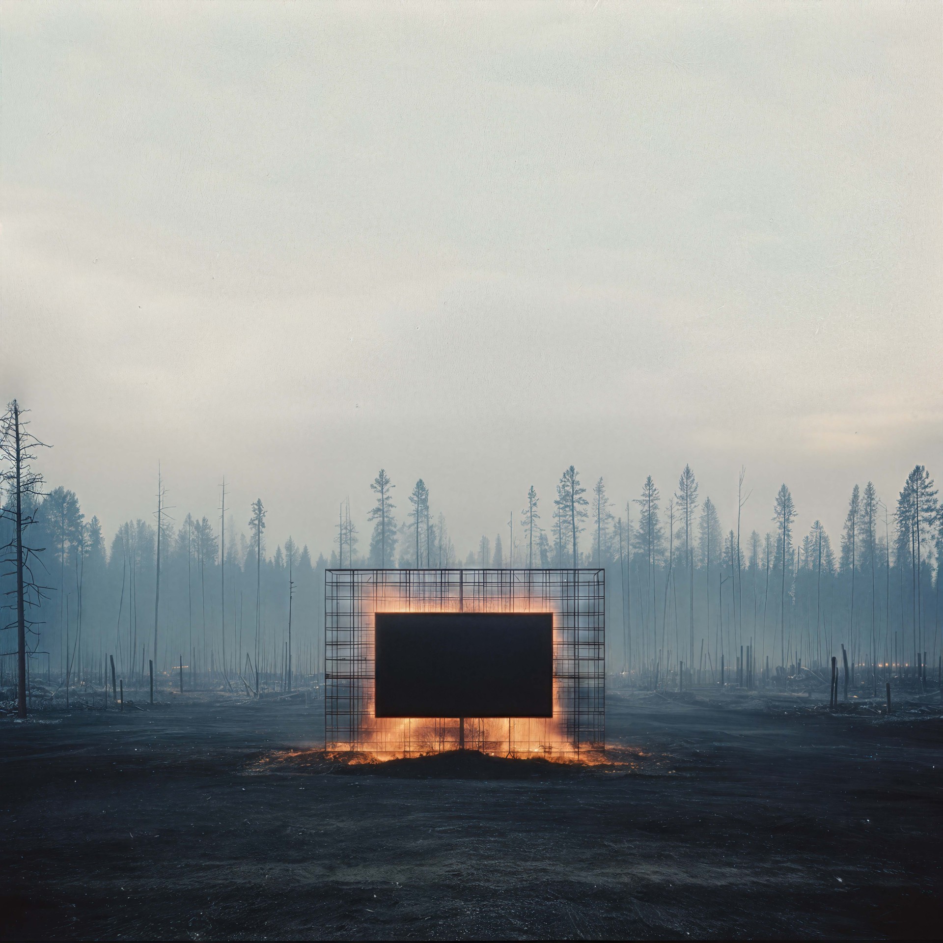 Abstract scene with a burning frame in a scorched landscape, surrounded by smoky tree stumps.