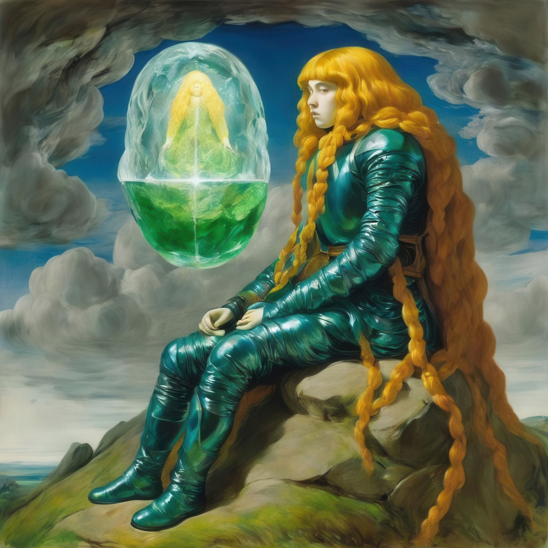 A person with long orange braids sits on a rock while a shimmering green figure hovers in the light.