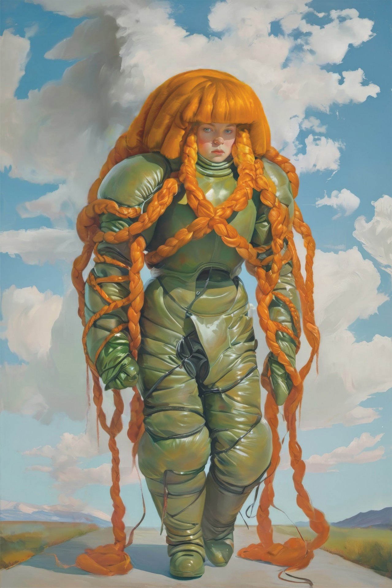 Futuristische Figur mit orangefarbenen Zöpfen in grünem Anzug, stehend unter blauem Himmel mit Wolken.